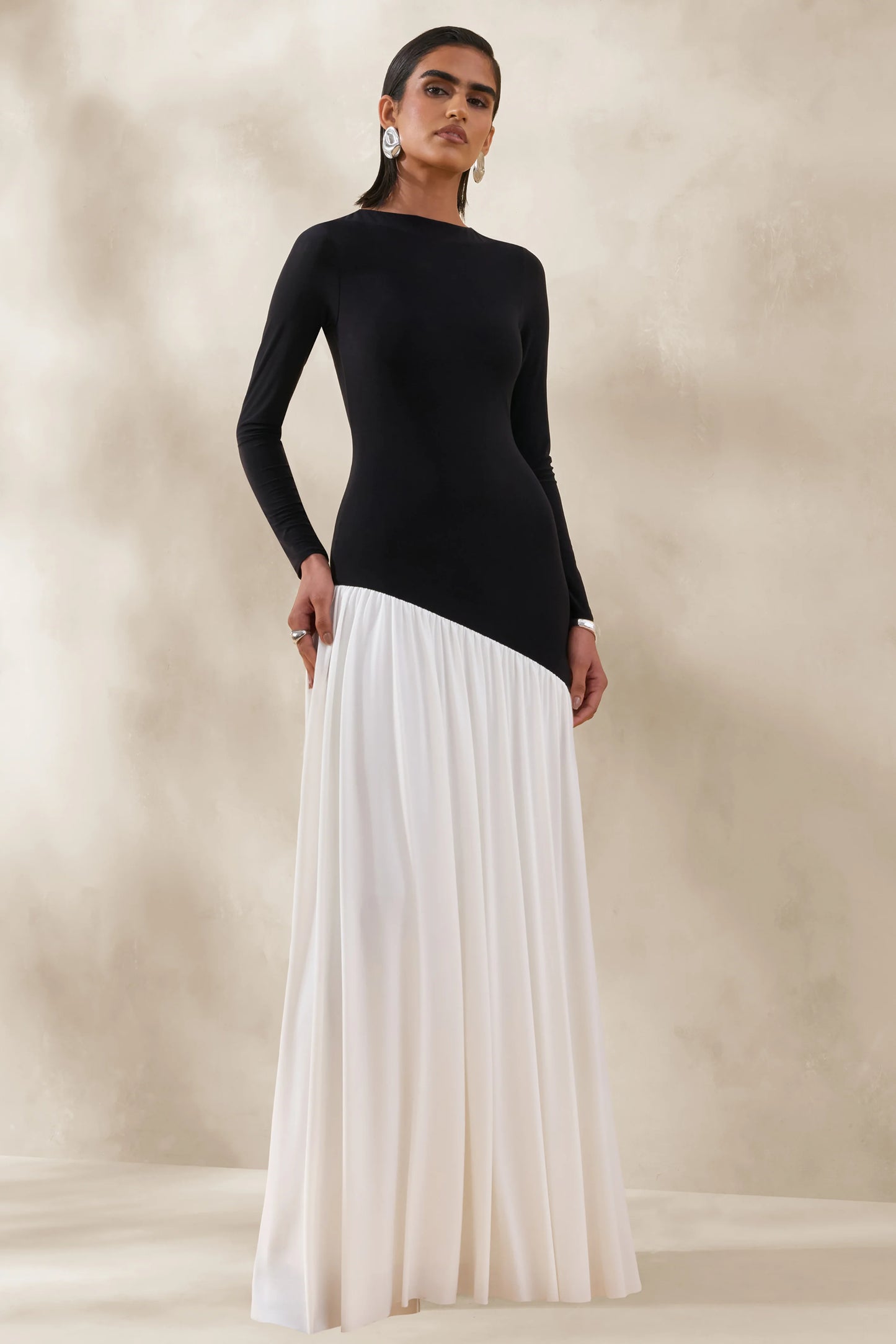 Jasira Black & White Crew-Neck Maxi Dress With Asymmetric Drop-Waist