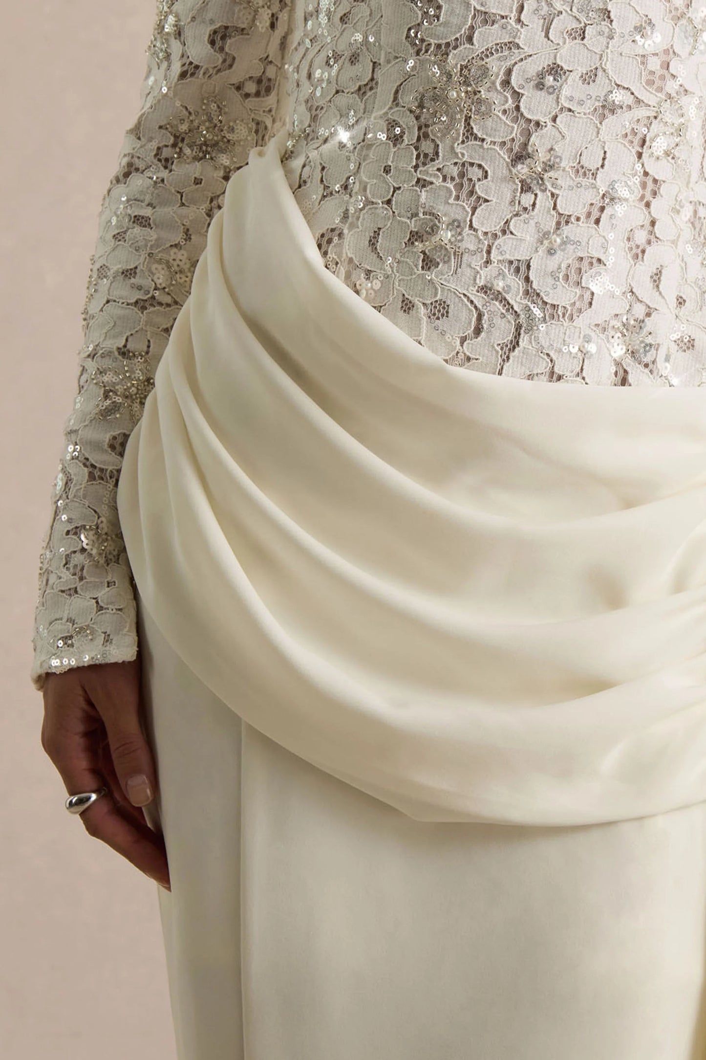 Beau Ecru Lace Embellished Crew-Neck Maxi Dress With Draped Detail