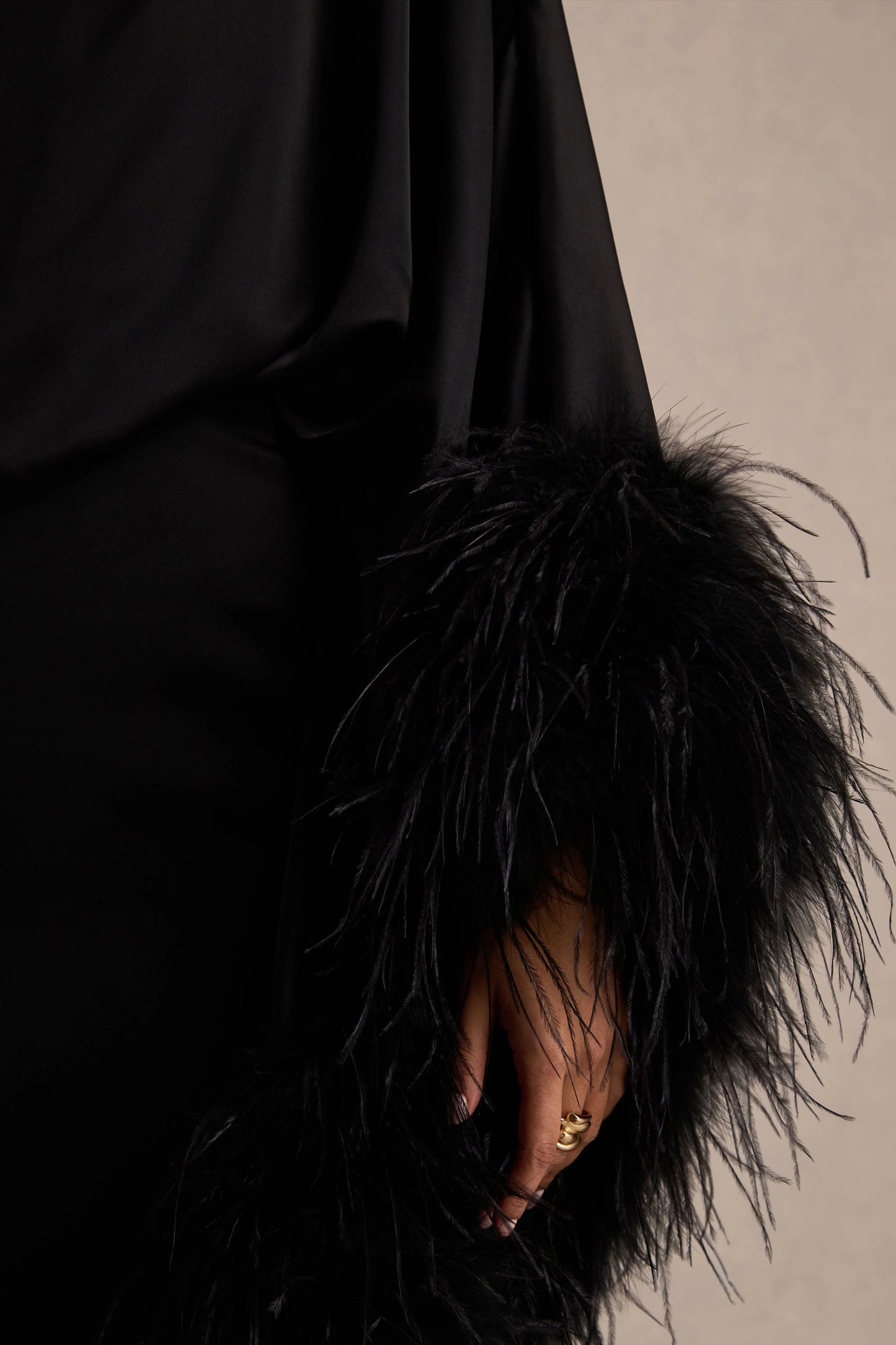 Felicity Black Satin Asymmetric-Neck Maxi Dress With Feather Detailing