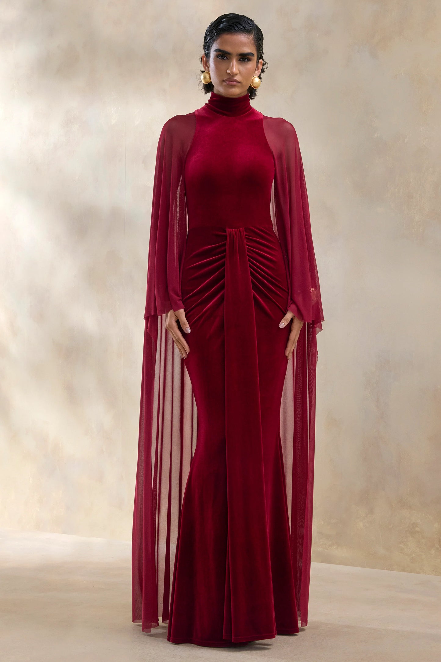 Adoring Burgundy Velvet High-Neck Maxi Dress With Cape