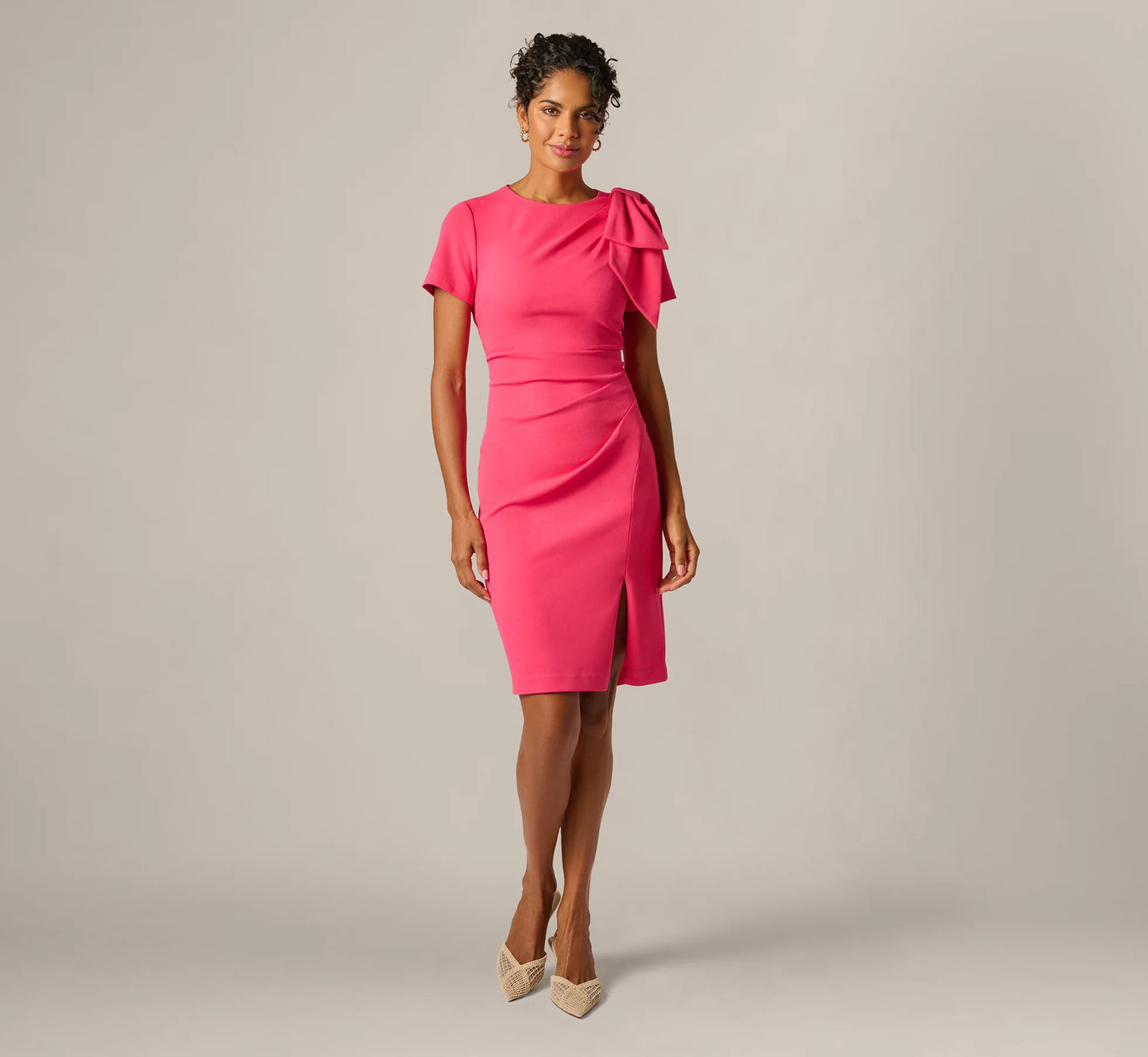 Short Sleeve Bow Shoulder Sheath Dress In Camellia