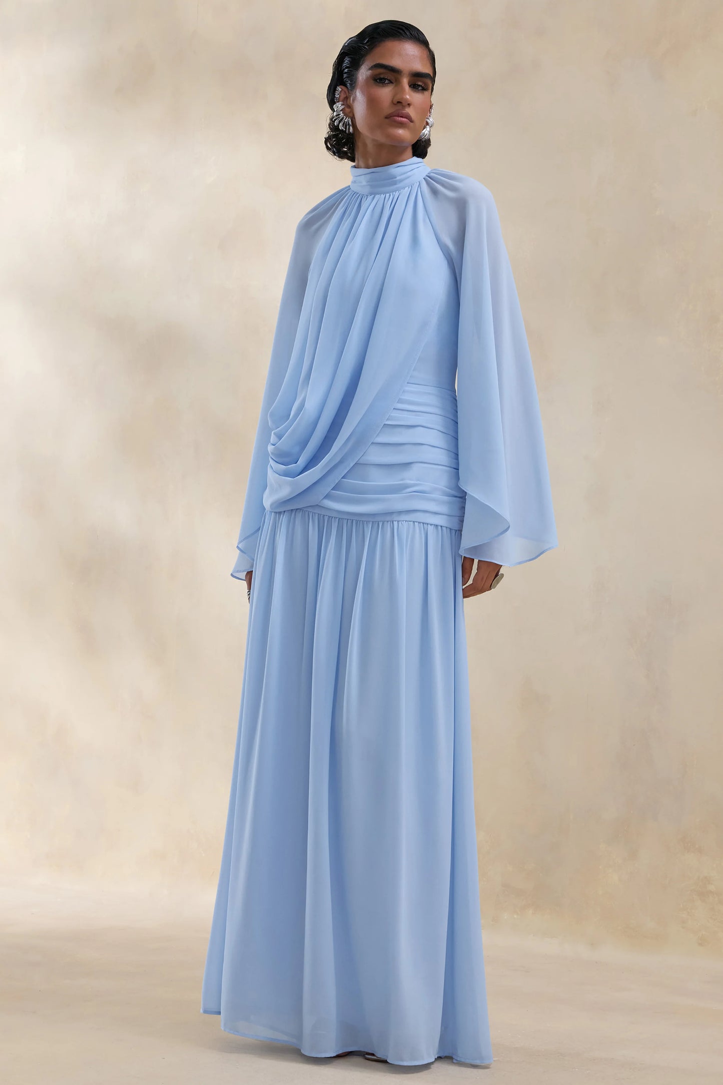 Narella Blue Chiffon High-Neck Maxi Dress With Draped-Detailing