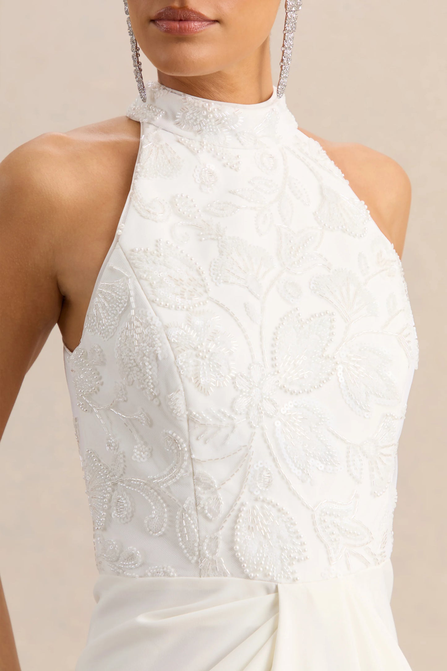 Charlotte White Halter-Neck Maxi Dress With Gathered-Detailing