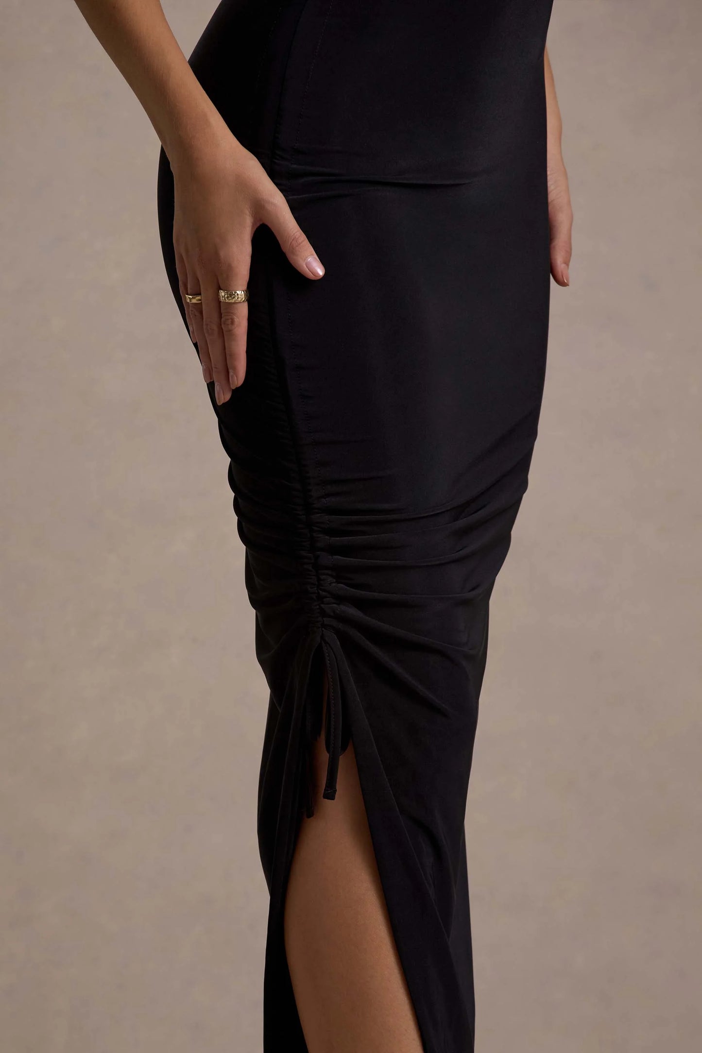 Jaiya Black Ruched Halter-Neck Asymmetric Maxi Dress