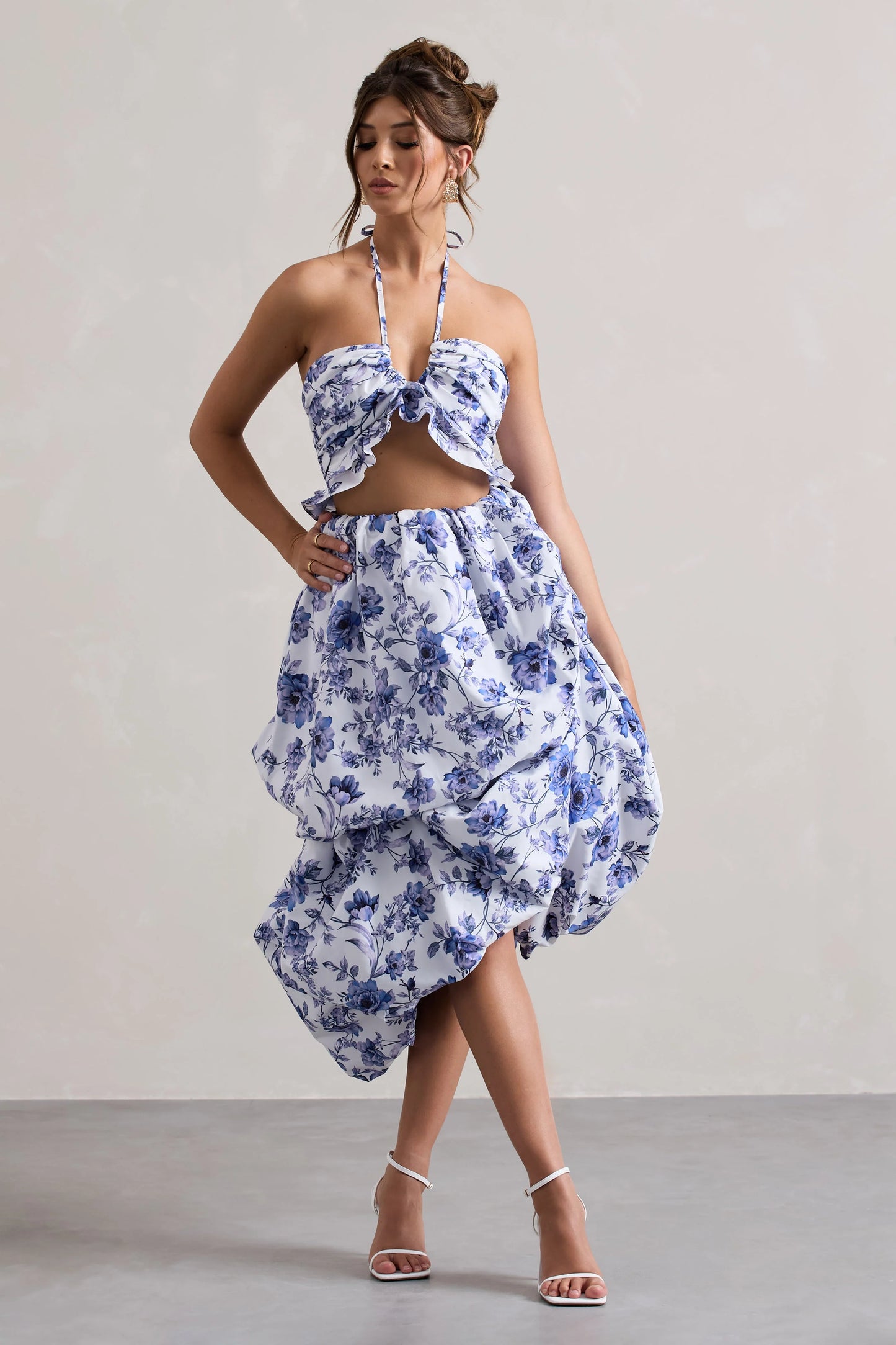 Make Waves Floral Print Volume High-Low Midi Skirt