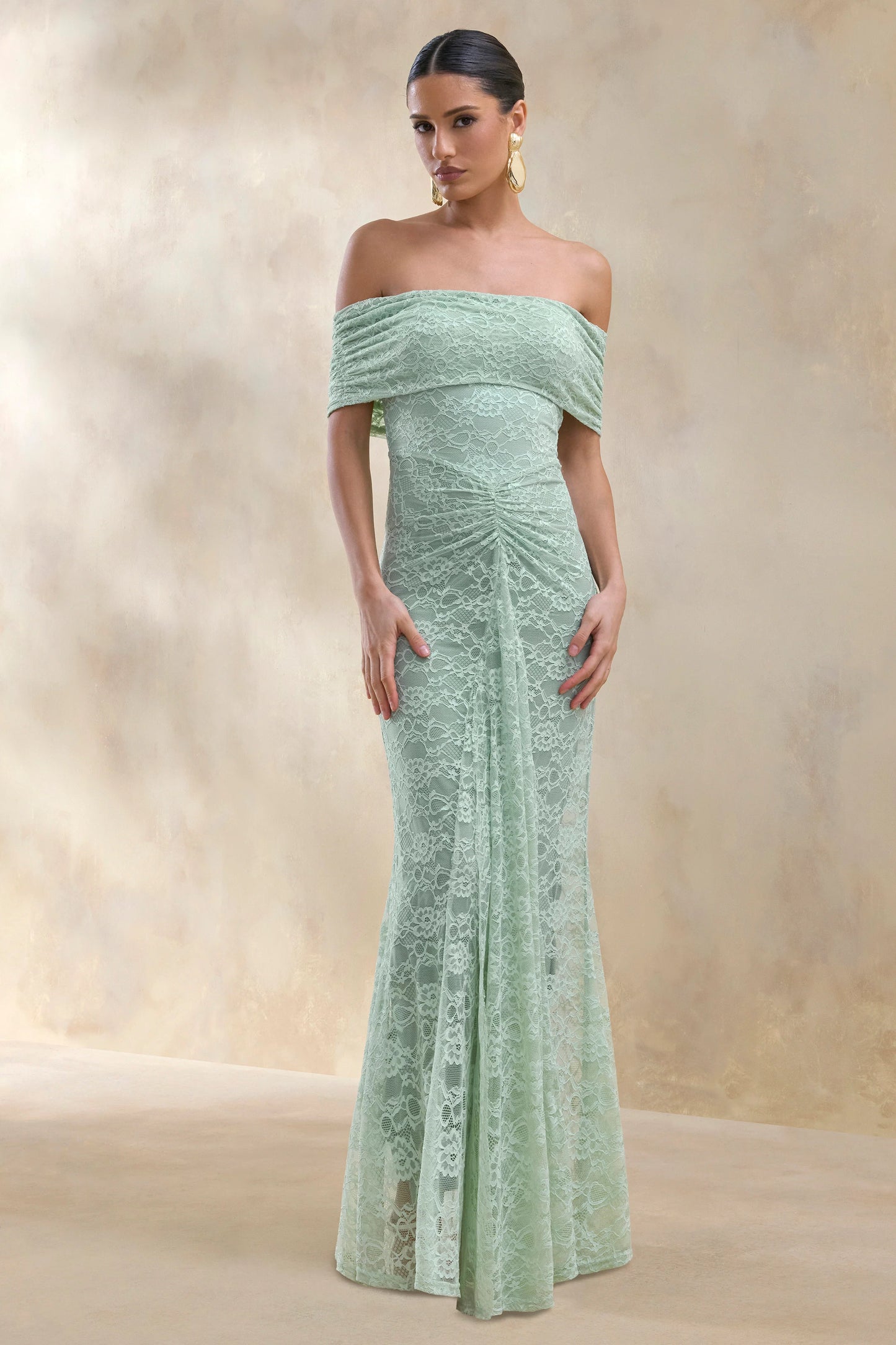 Elinor Sage Lace Bardot-Neck Maxi Dress With Gathered-Detailing