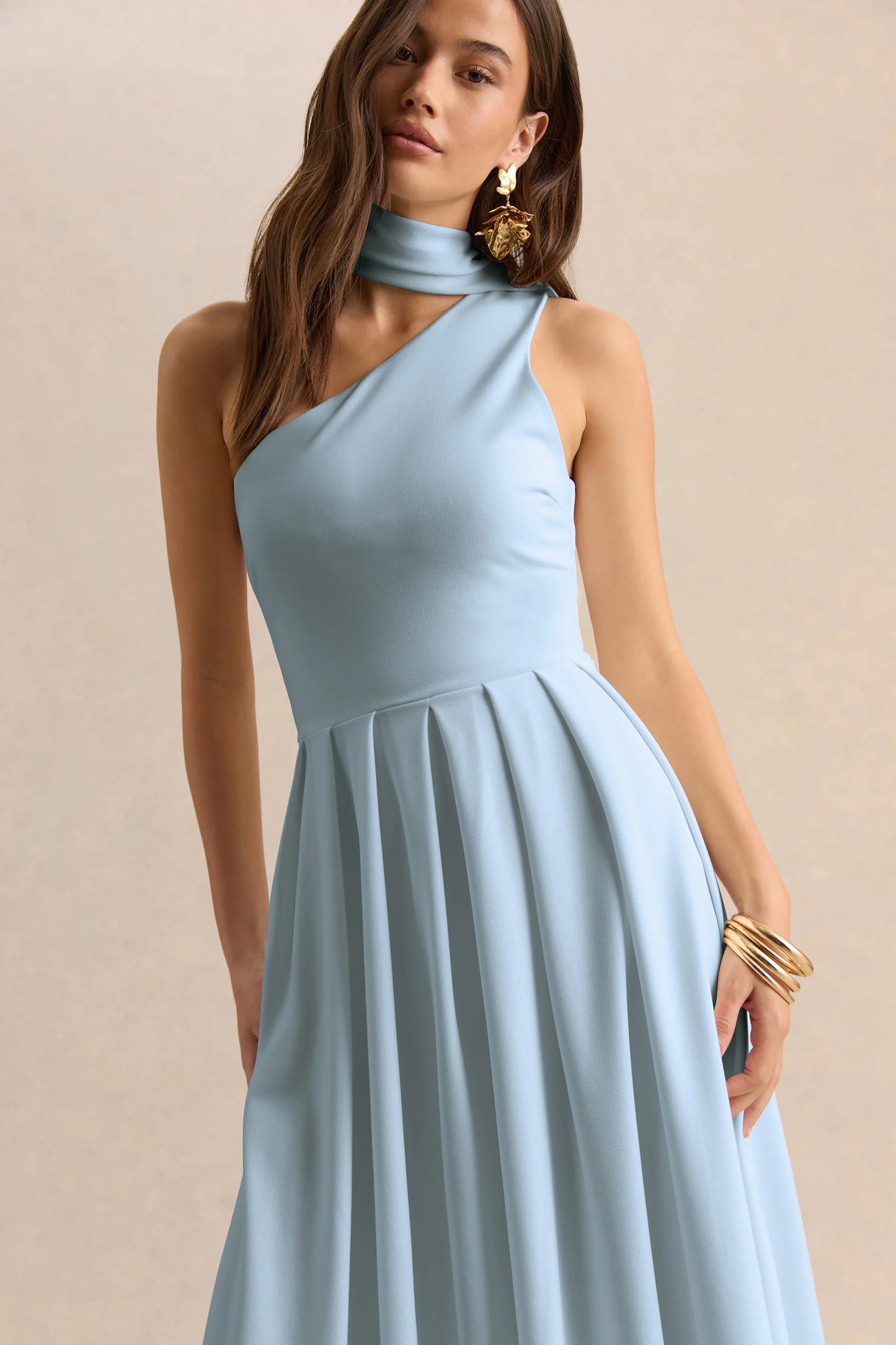 Odette Powder Blue Asymmetric-Neck Midi Dress With Scarf