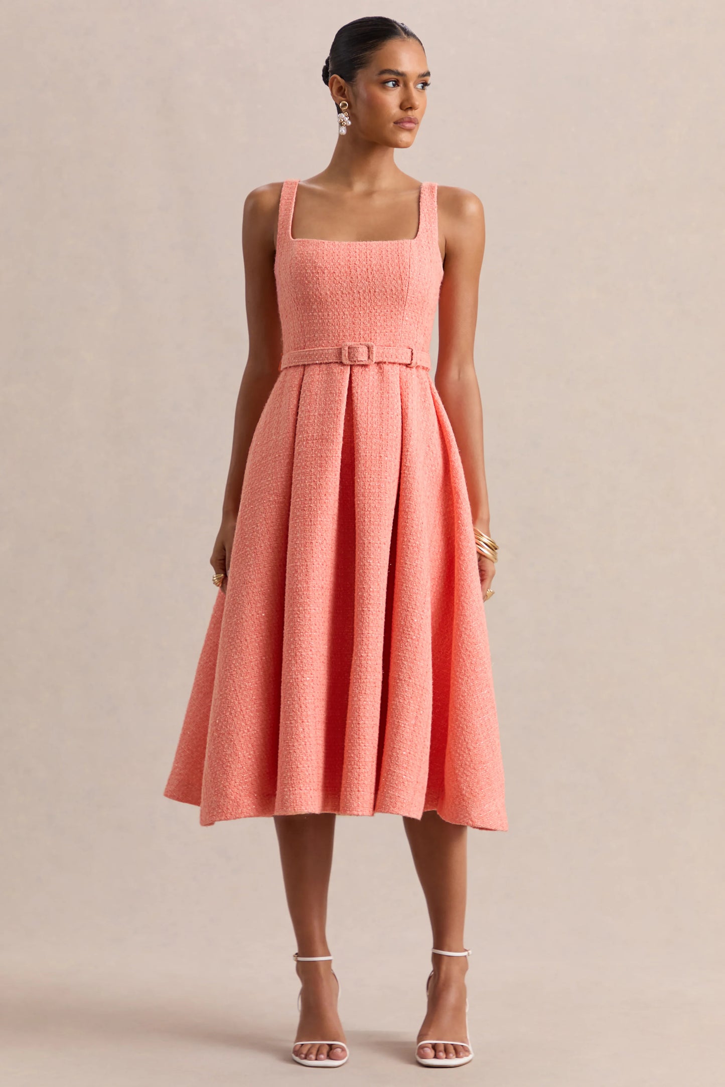 Camoria Coral Boucle Square-Neck Midi Dress