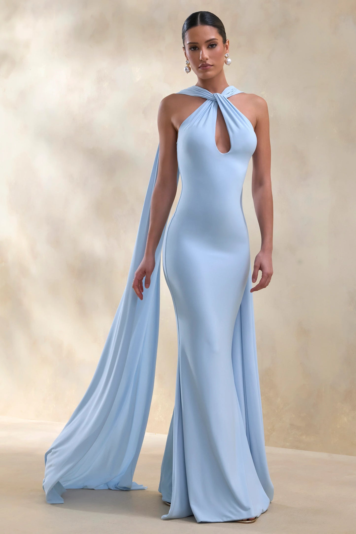Rhoda Powder Blue Twist Halter-Neck Cape Maxi Dress