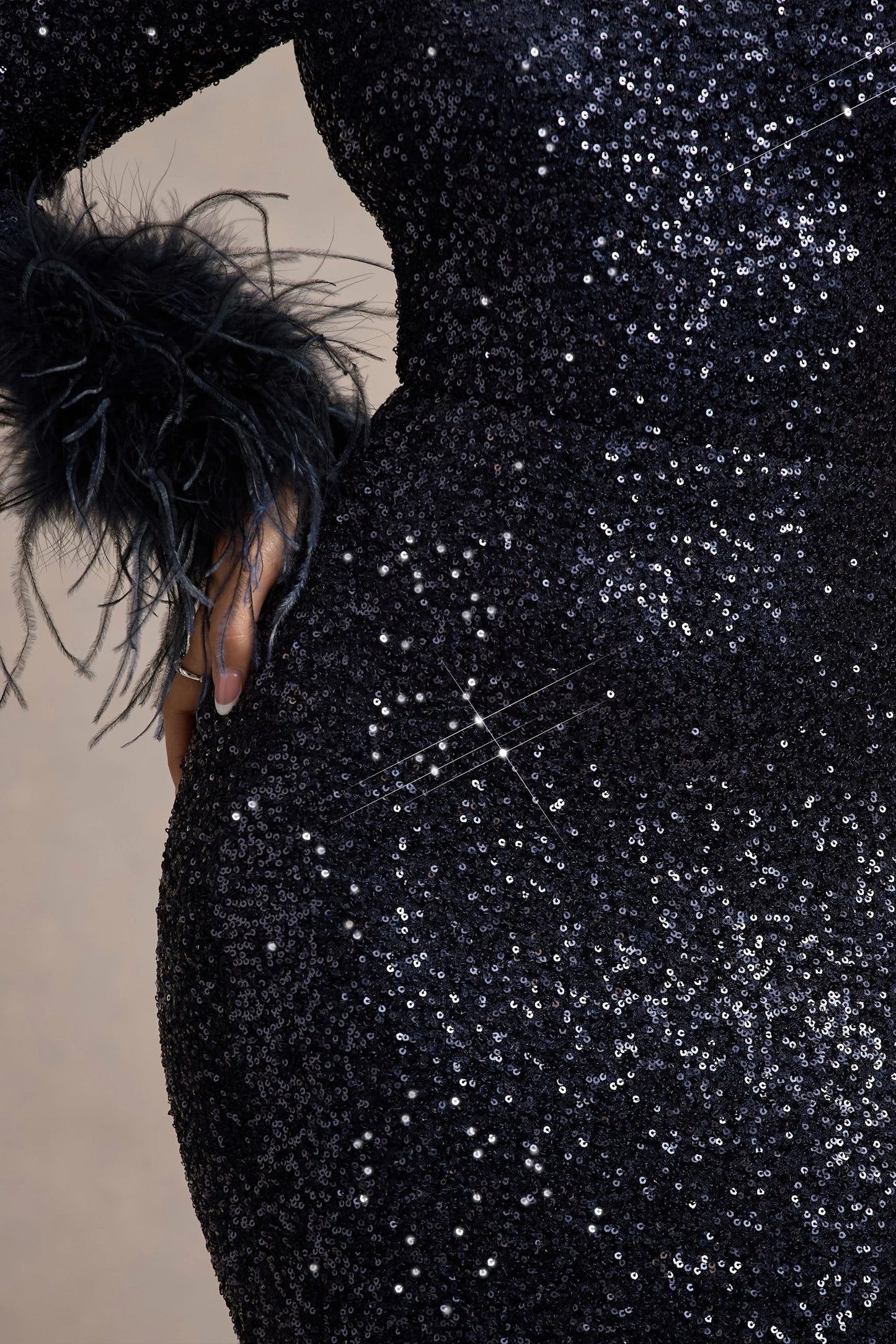Analina Navy Sequin Long-Sleeved Midi Dress With Feather Cuffs