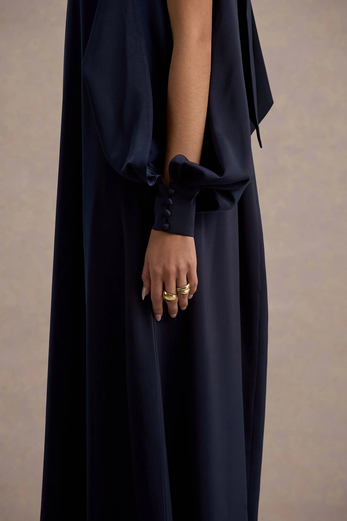 Baila Navy Satin High-Neck Cape-Sleeve Maxi Dress