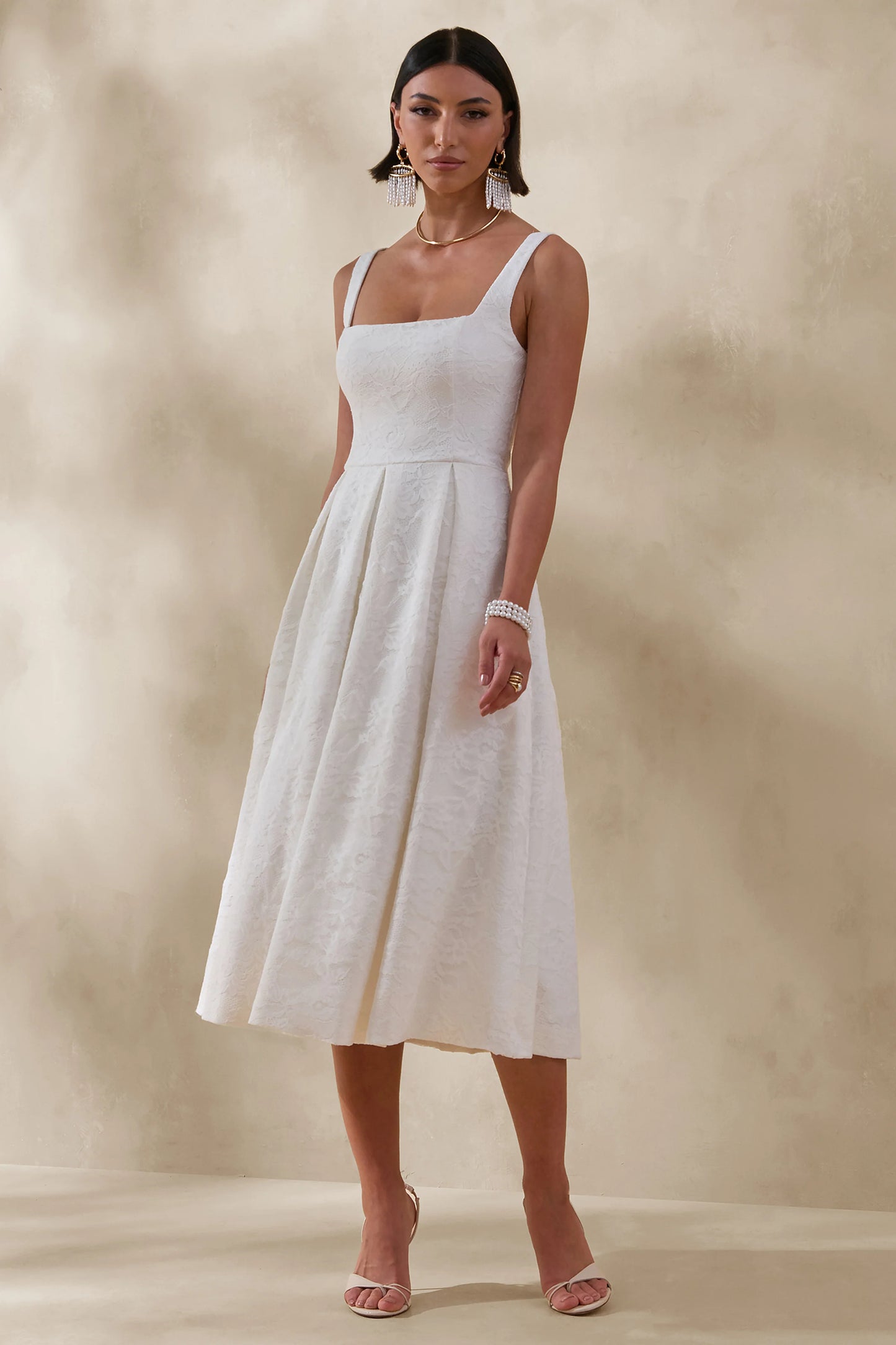 Ashmara White Lace Square-Neck Midi Dress