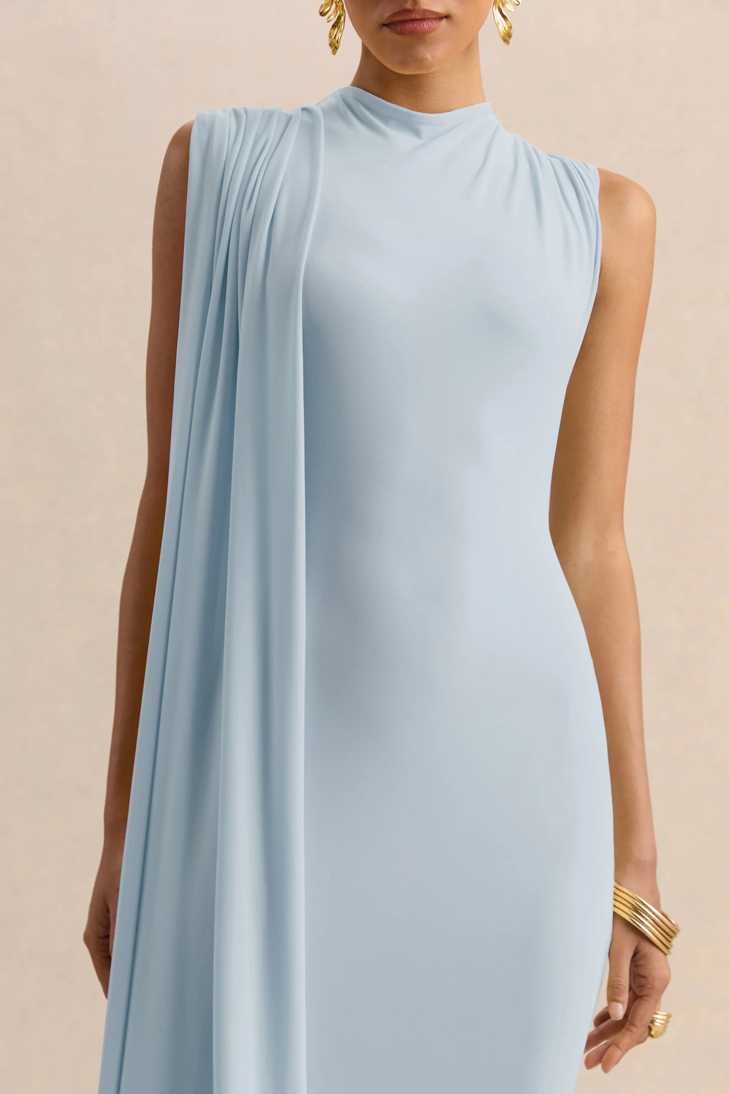 Oleandra Light Blue High-Neck Midi-Dress With Draped-Detail