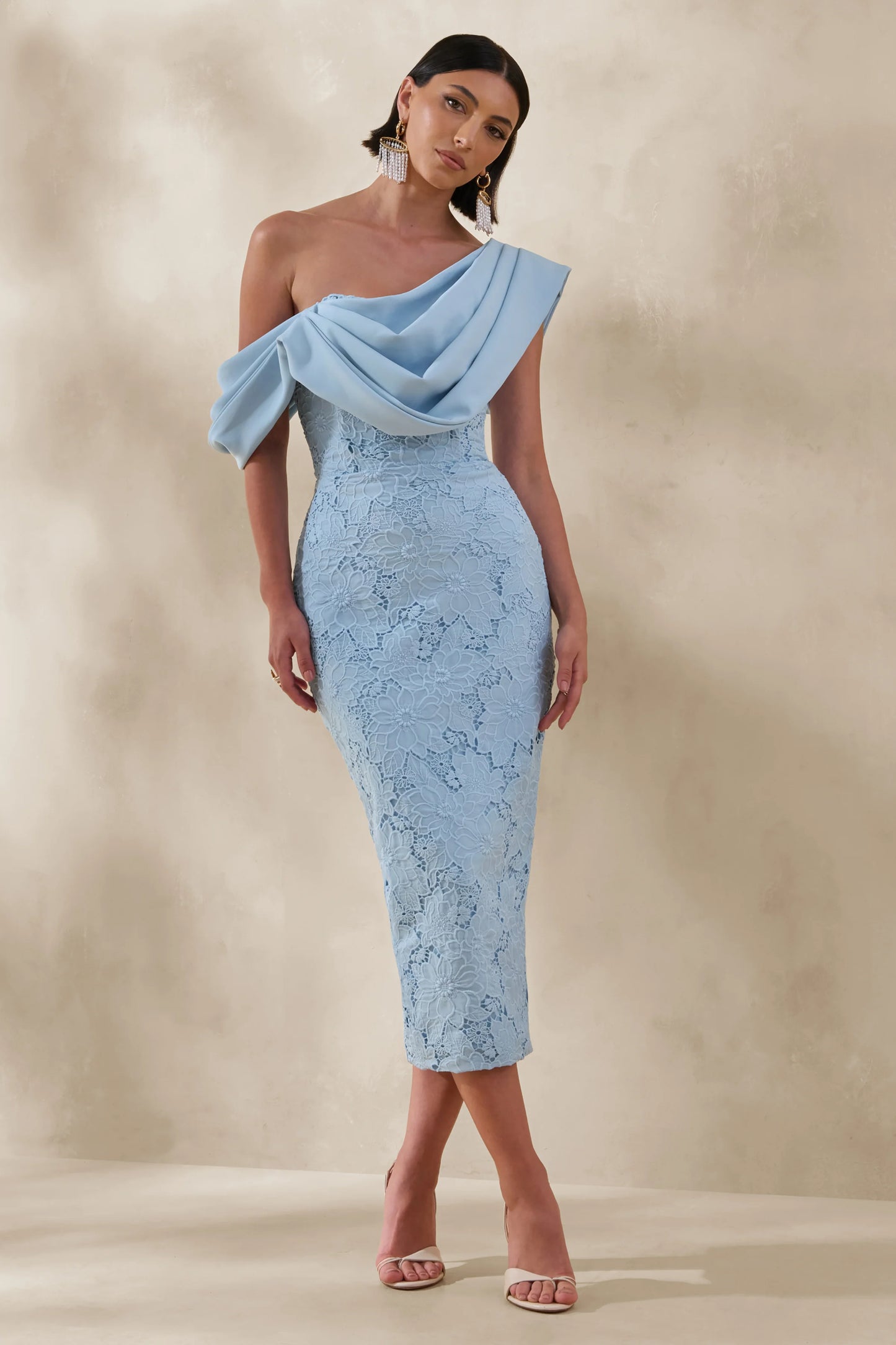 Loria Powder Blue Lace Asymmetric-Neck Midi Dress With Draped Detailing