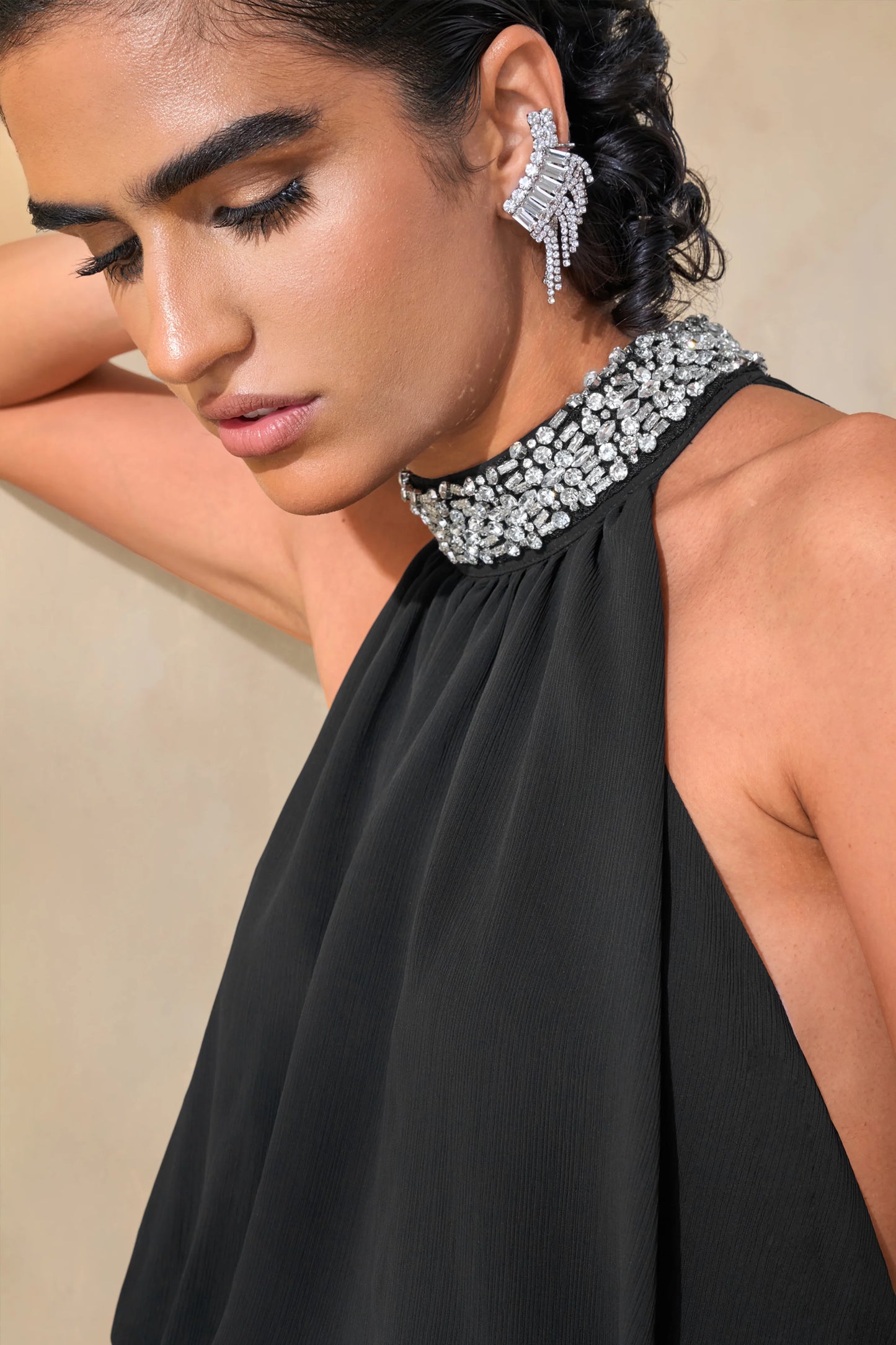 Marie Black Halter-Neck Maxi Dress With Embellished Detailing