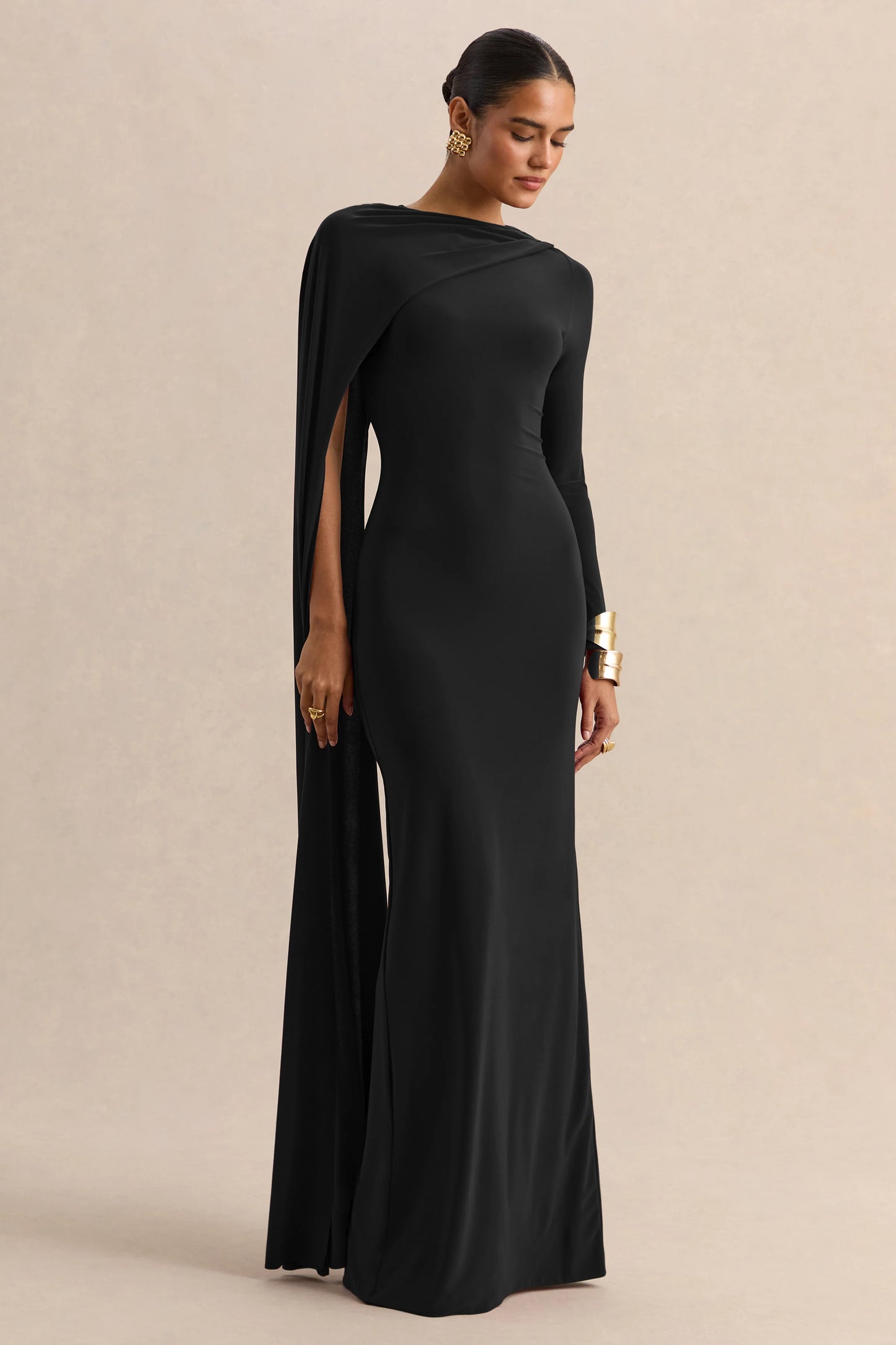 Halina Black High-Neck Maxi Dress With Cape-Sleeve