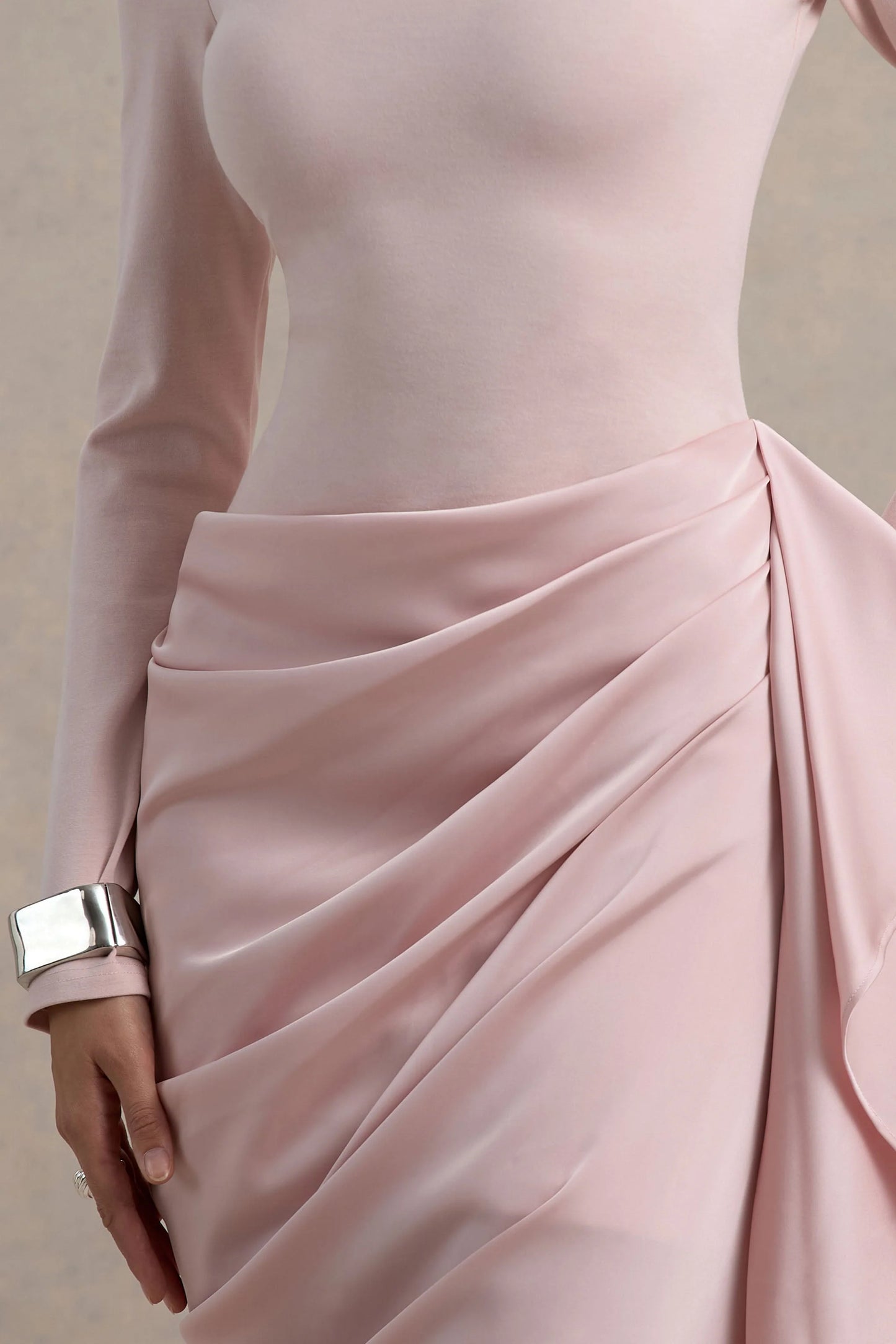 Raffie Pink Long-Sleeve Midi Dress With Satin Wrap Skirt