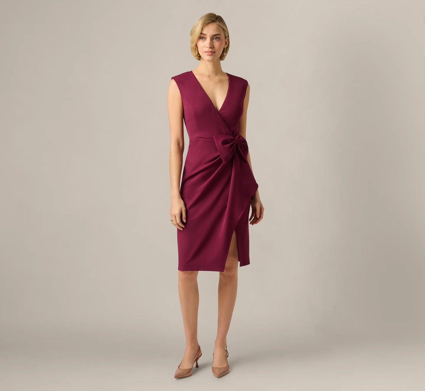 Bow Accent Stretch Wrap Dress In Cabernet