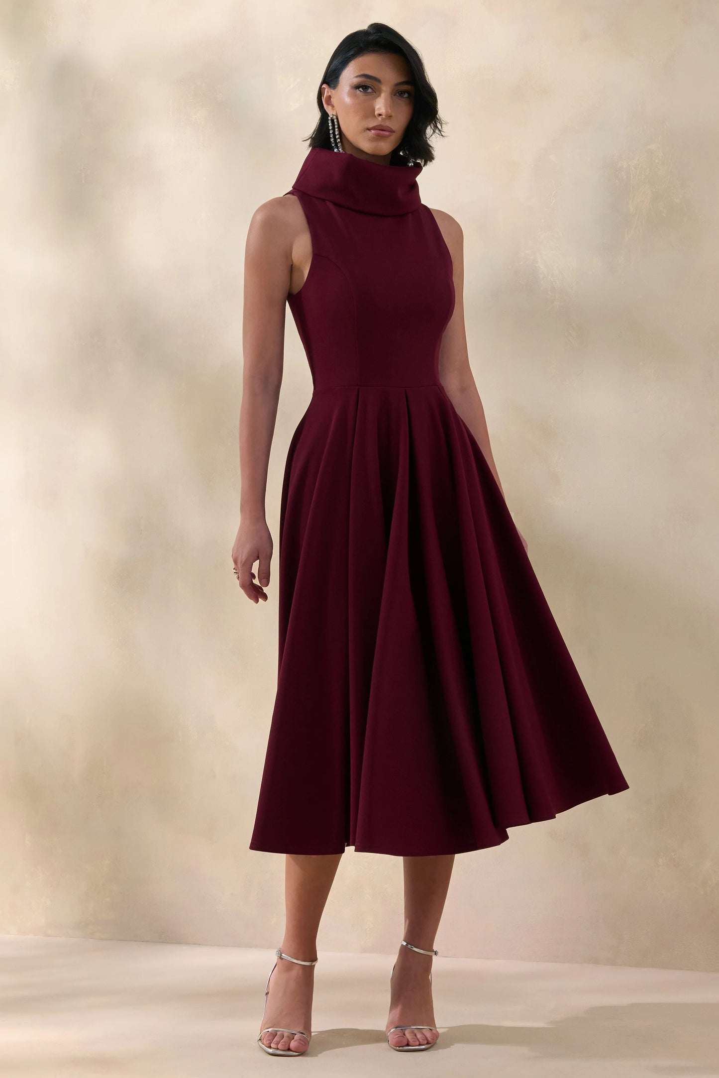 Exclusivity Burgundy High-Neck Midi Dress