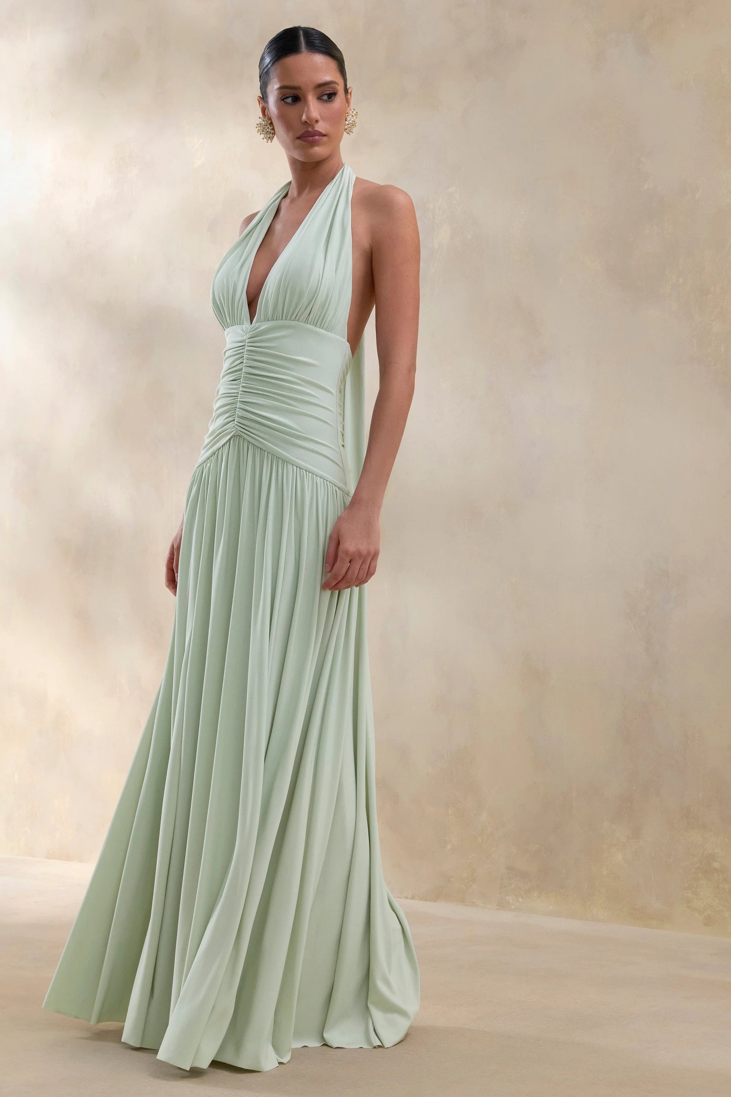 Bettina Sage Plunge-Neck Maxi Dress With Gathered-Detailing