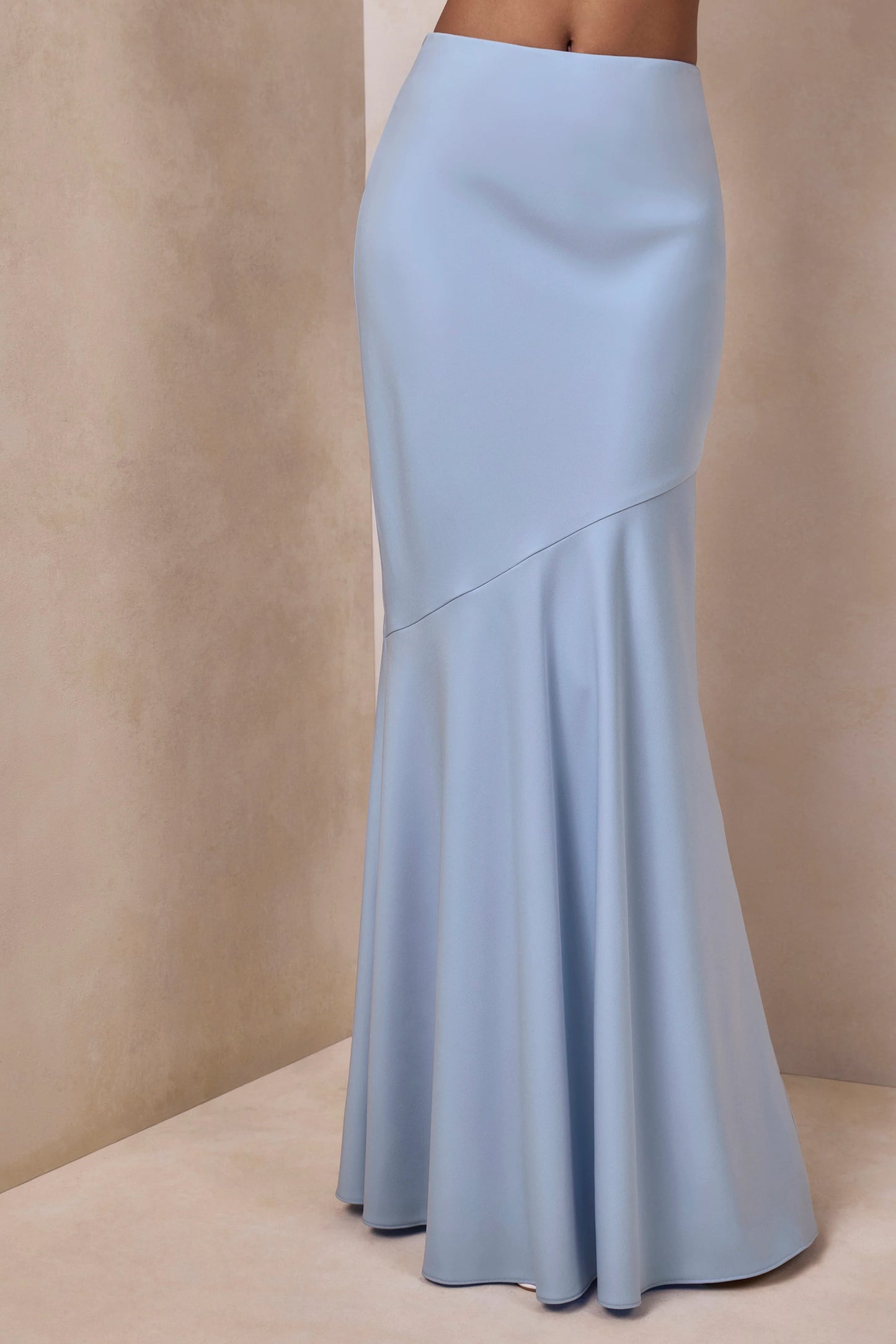 Vayla Powder Blue Matte Satin Asymmetric Drop-Waist Maxi Skirt