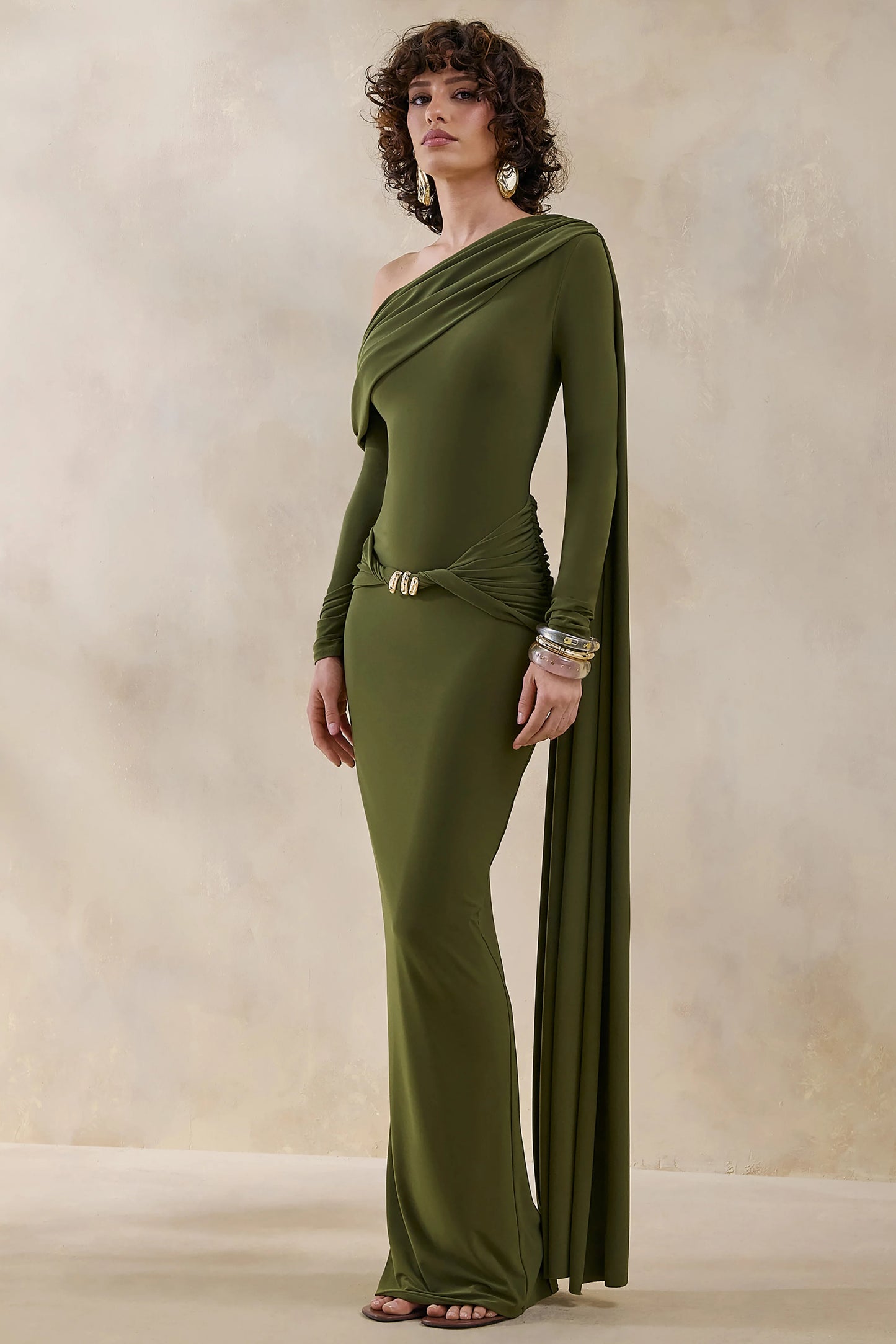Bessy Green Asymmetric-Neck Maxi Dress With Gathered-Detailing And Sash