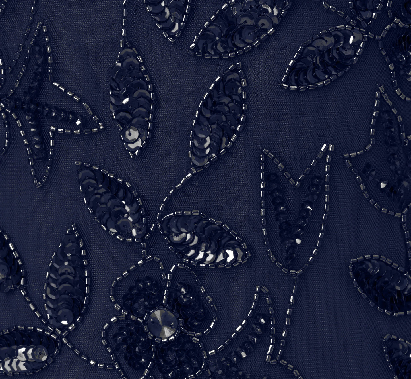 Hand Beaded Short Sleeve Floral Godet Gown In Light Navy
