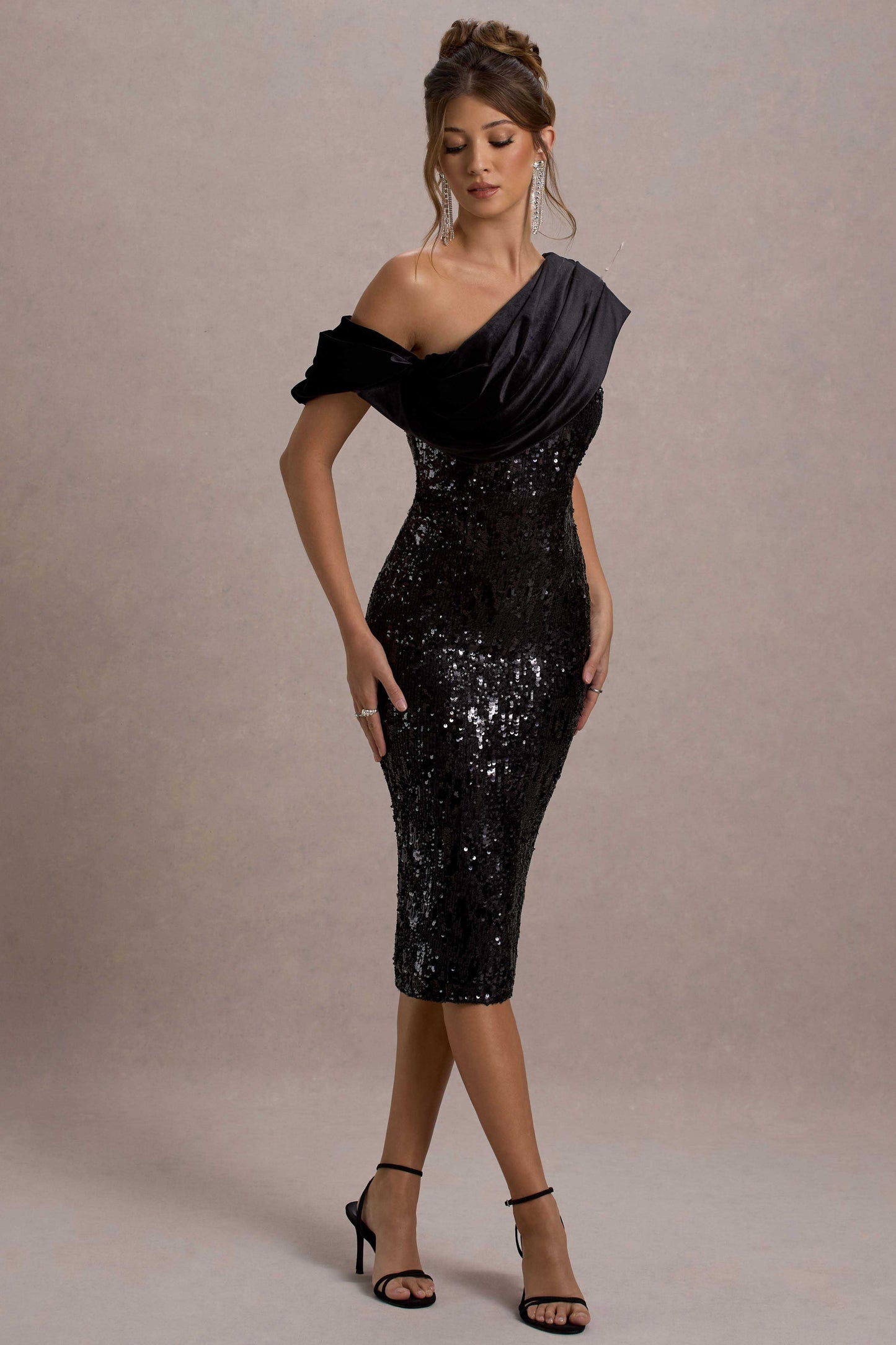 Volute Black Sequin One-Shoulder Draped Midi Dress