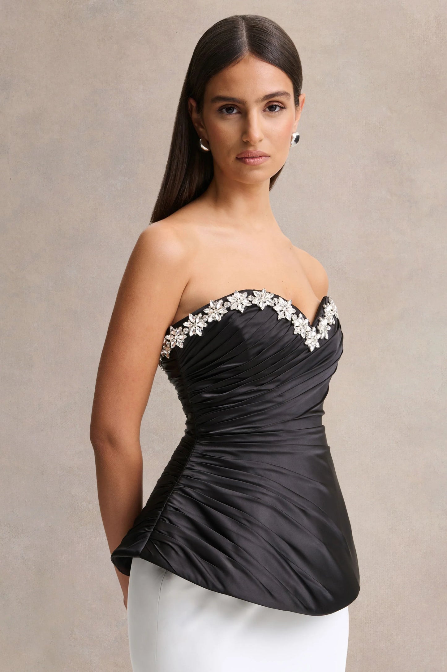 Ambria Black Satin Hand-Embellished Sweetheart-Neck Corset Top