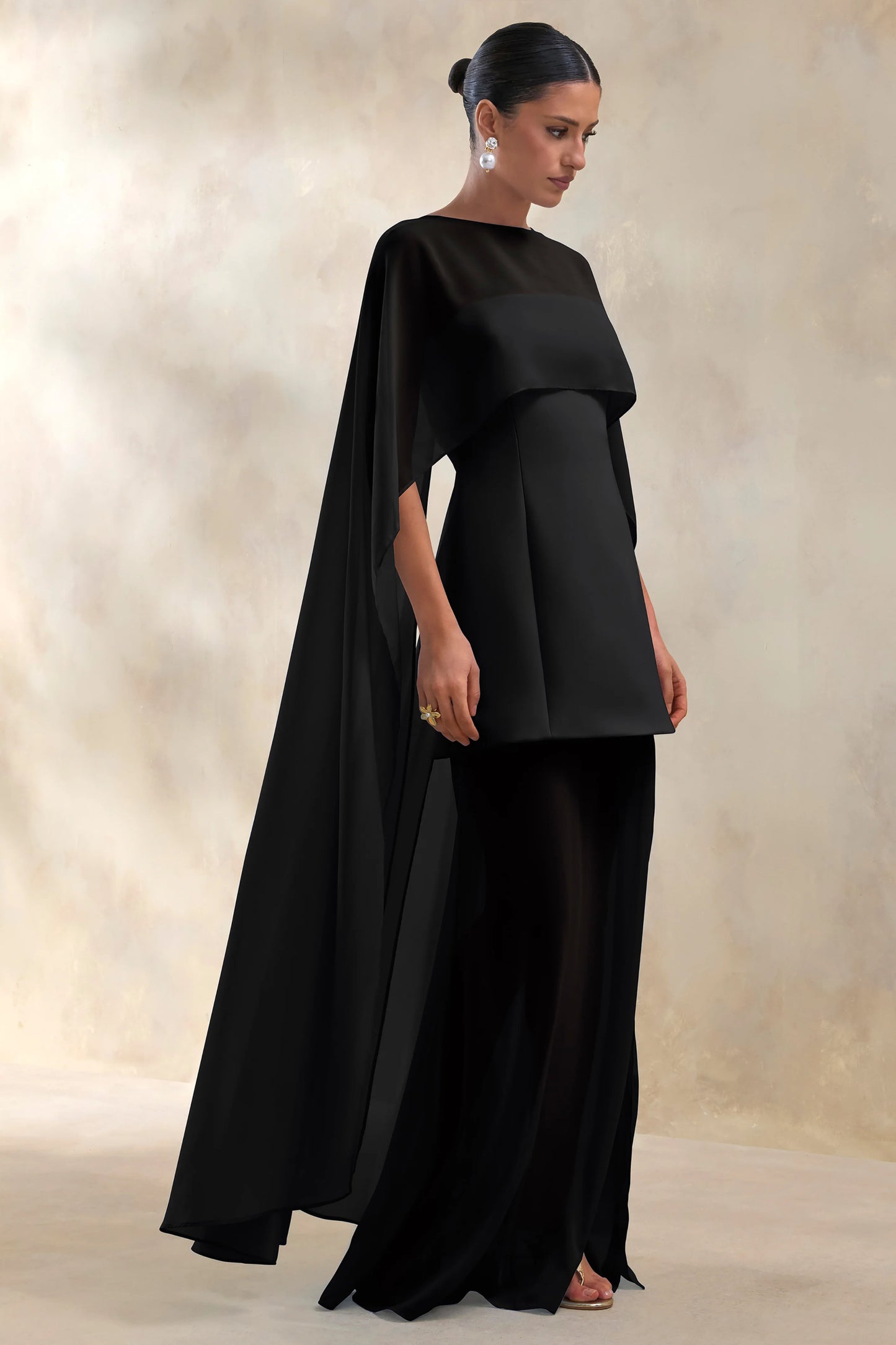 Chessa Black Slashed-Neck Maxi Dress With Sheer Cape
