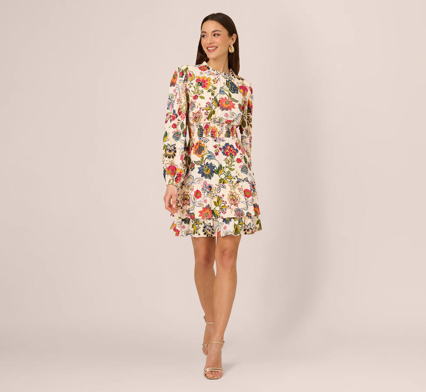Floral Print Dress With Long Bishop Sleeves In Ecru Multi