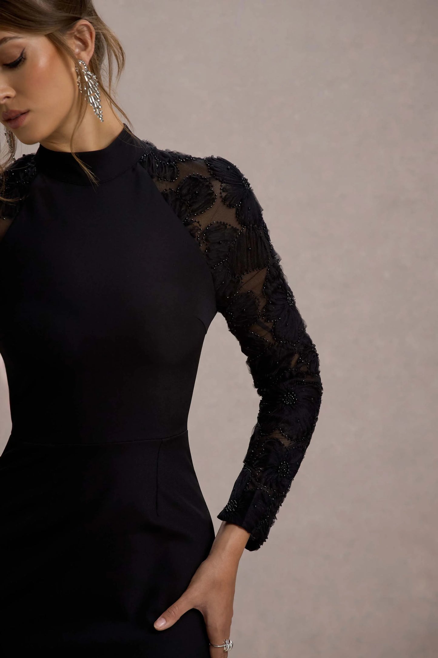 Chandra Black Mesh Long-Sleeve Midi Dress With Ruffle Hem
