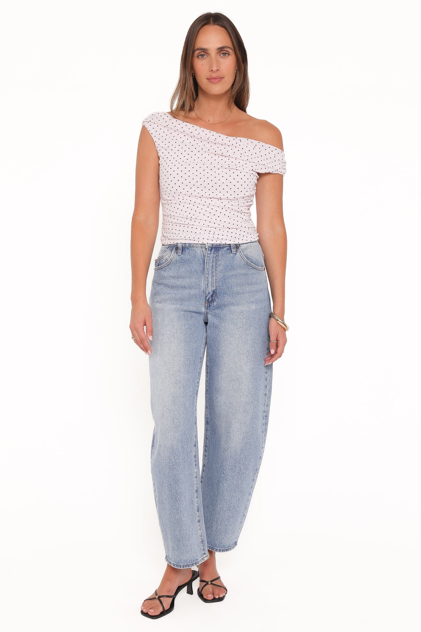 Aaron Off Shoulder Top - Pale Pink Dot