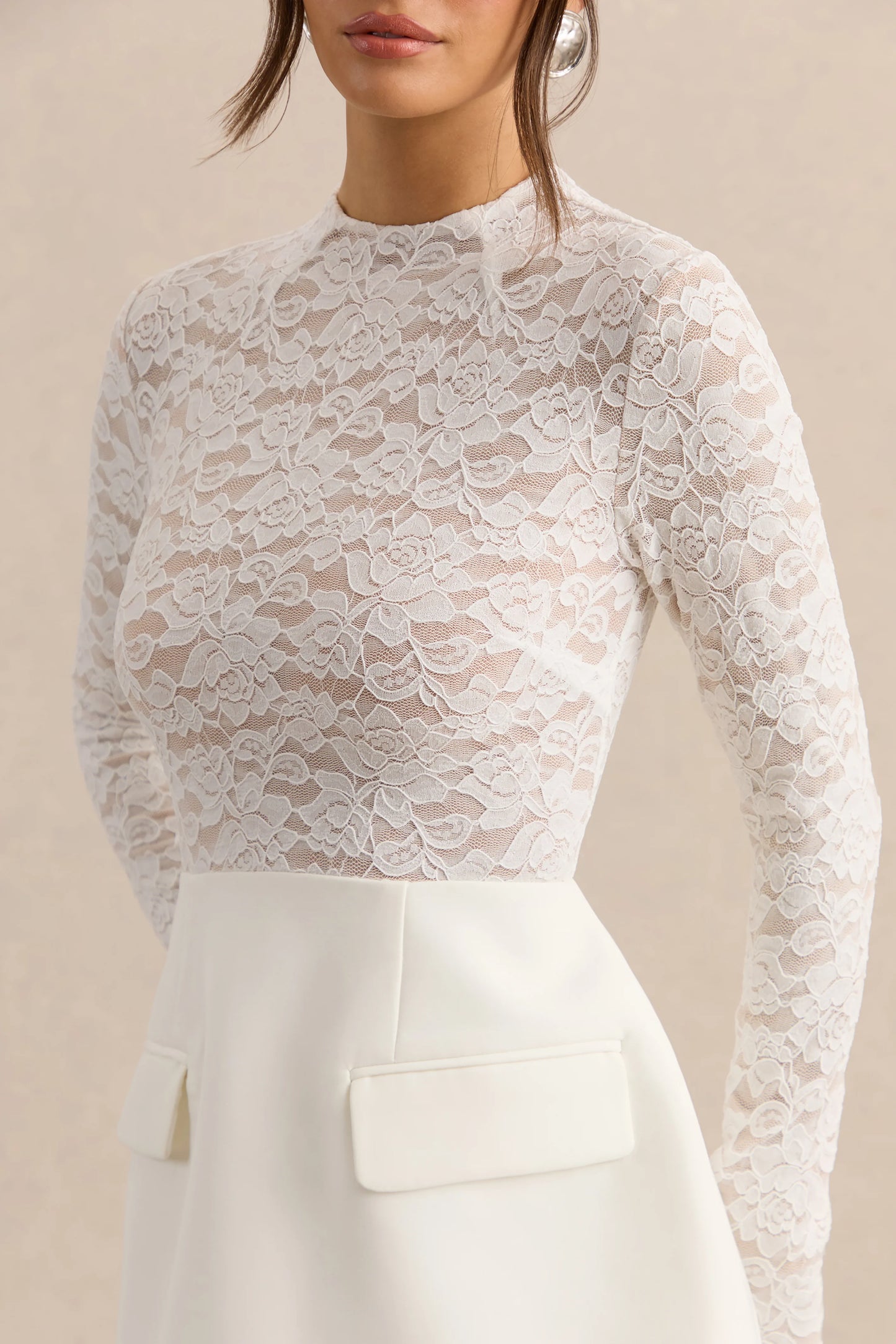 Mysteria White High-Neck Lace Mini-Dress With Pocket-Details