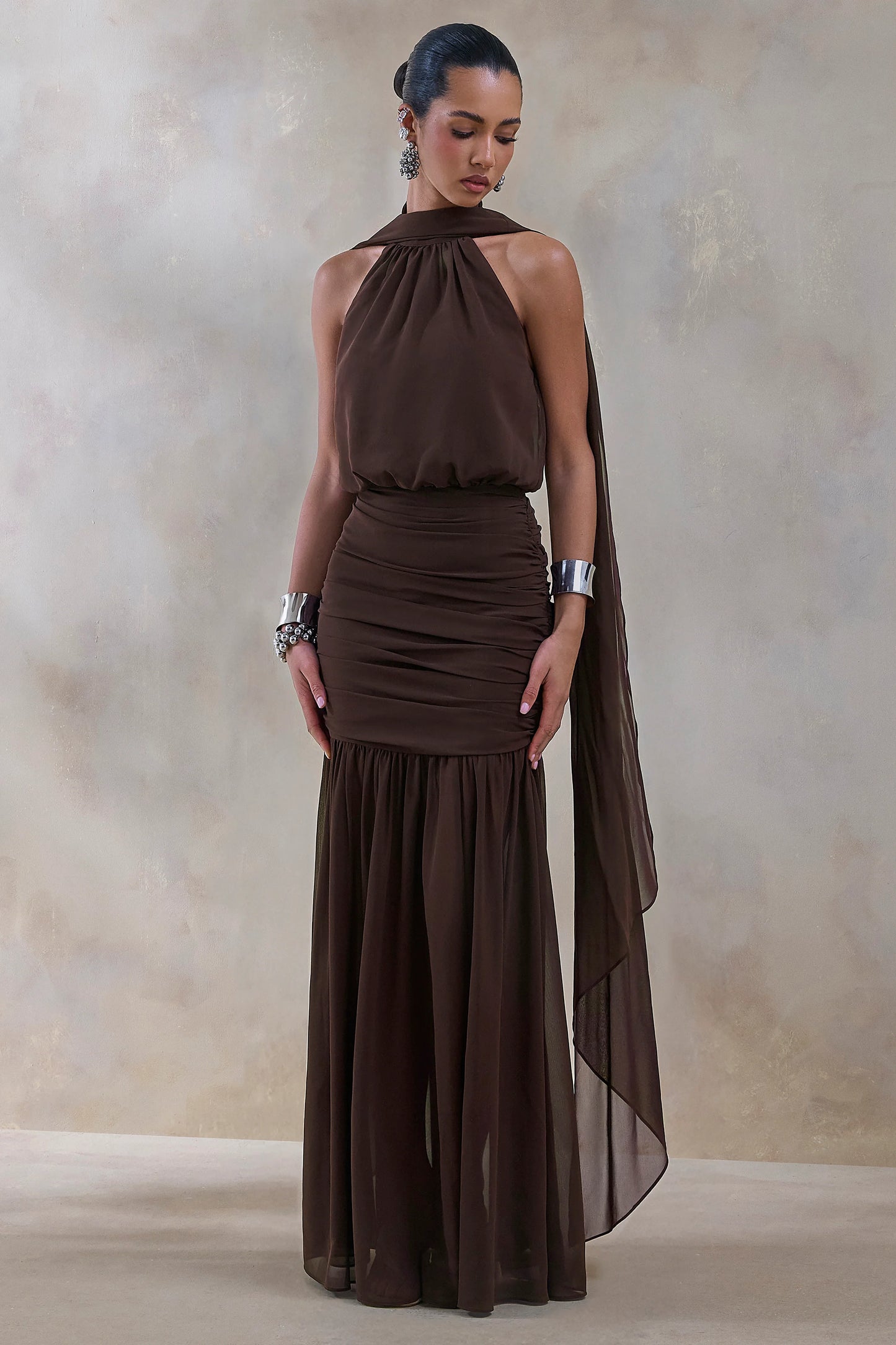 Veronique Brown Halter-Neck Maxi Dress