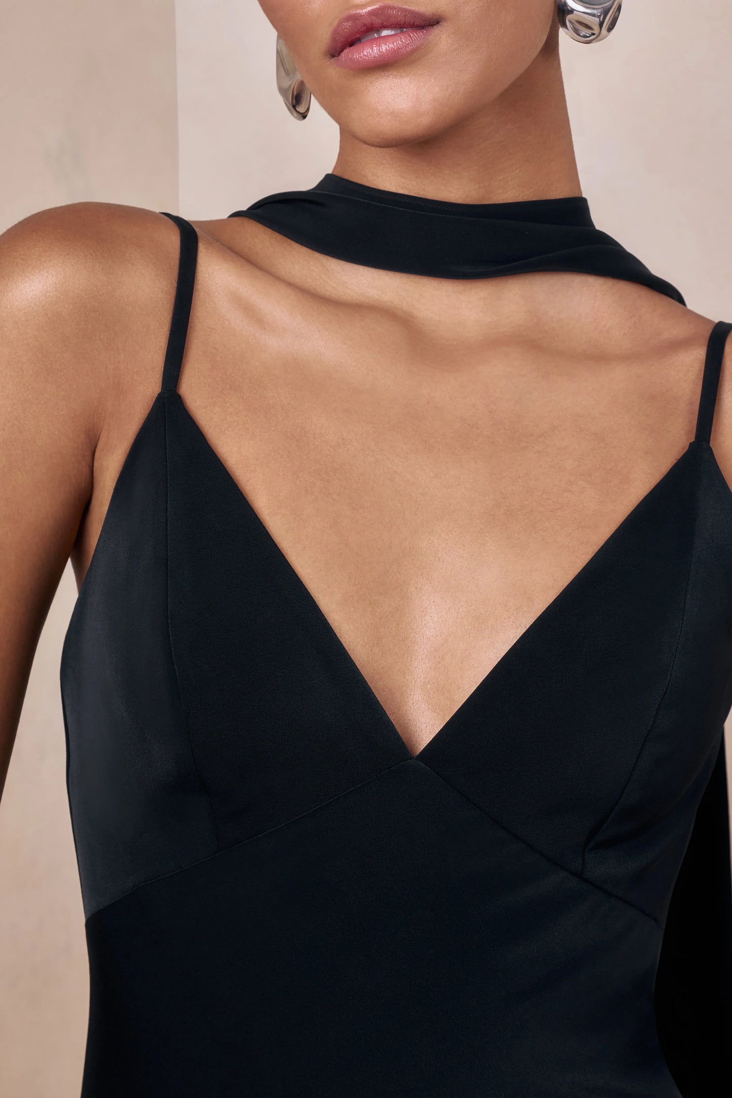 Starling Black Matte Satin Plunge-Neck Maxi Dress With Scarf-Detail