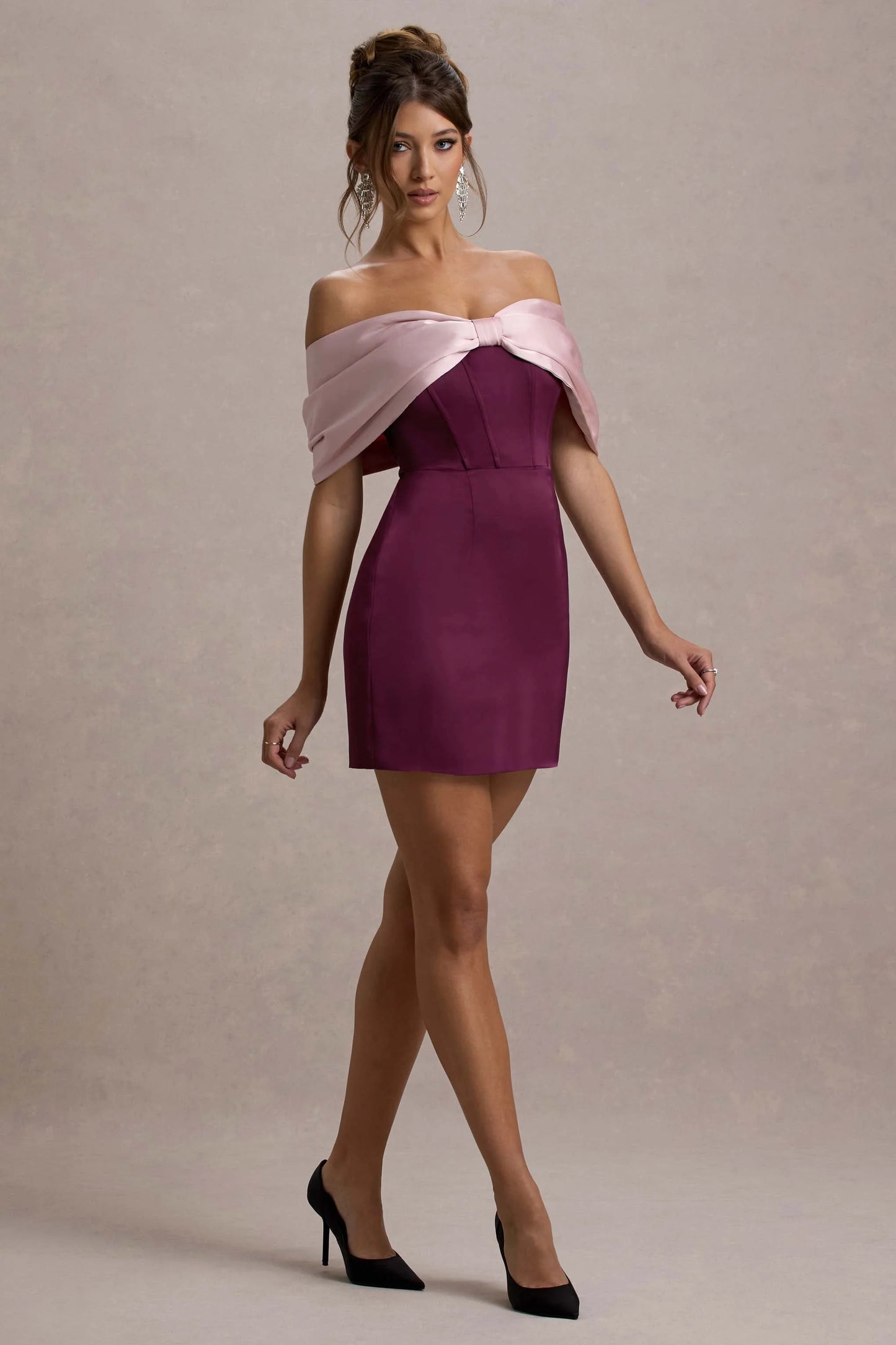 Linley Burgundy & Pink Satin Bow Bardot Mini Dress