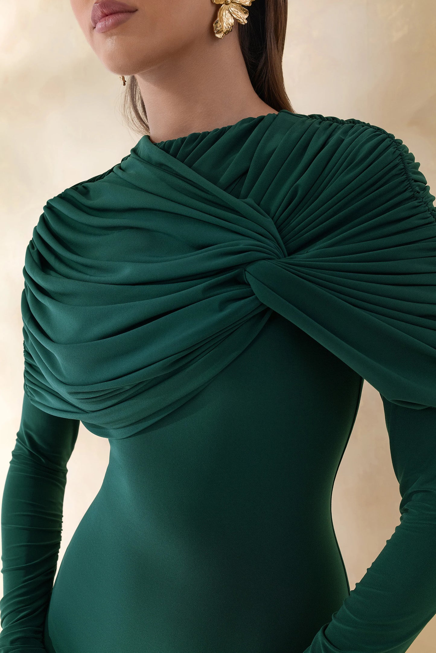Evessa Dark Green High-Neck Maxi Dress With Gathered-Detailing