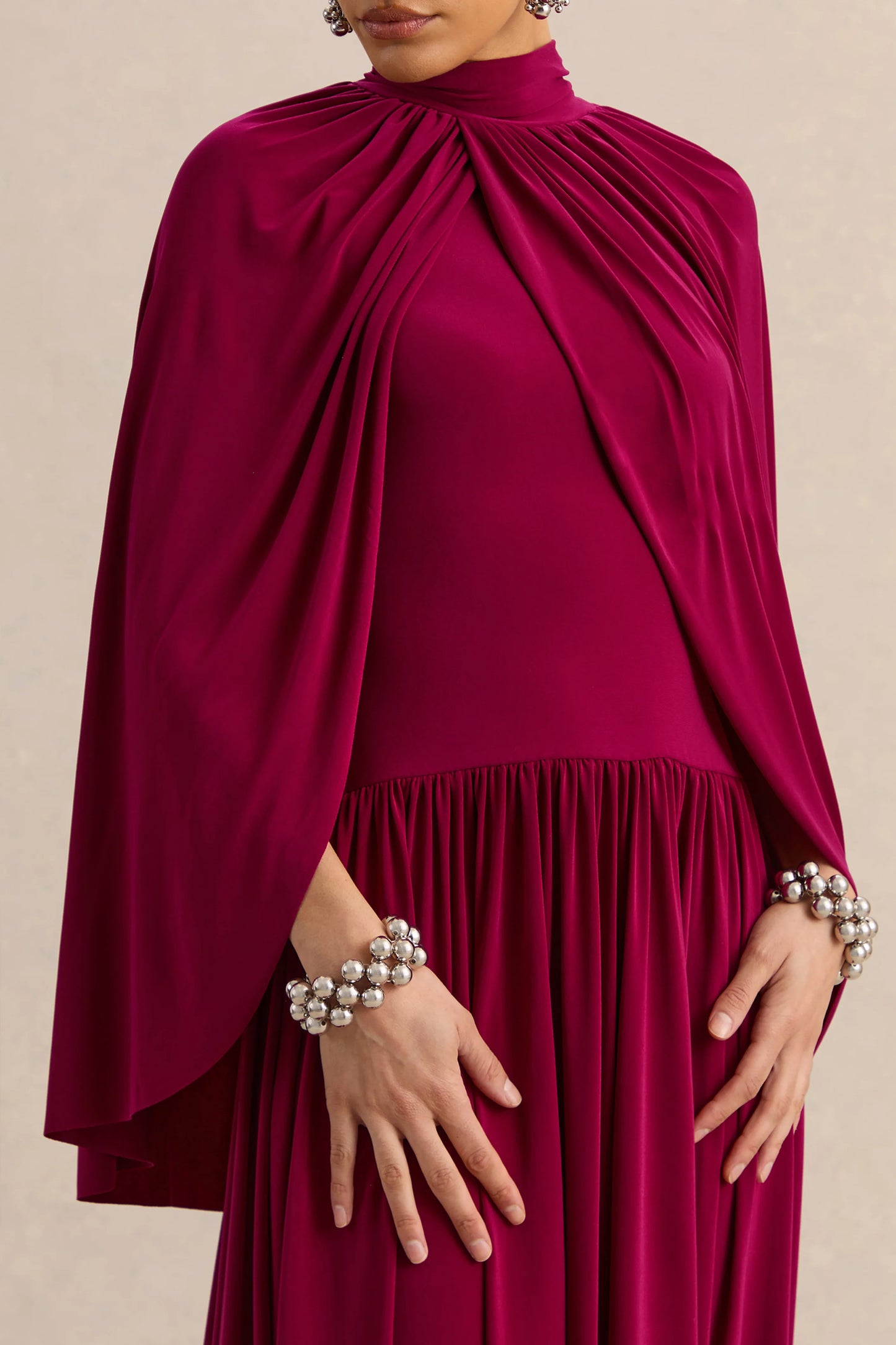 Honora Burgundy High-Neck Midi Dress With Cape-Sleeves