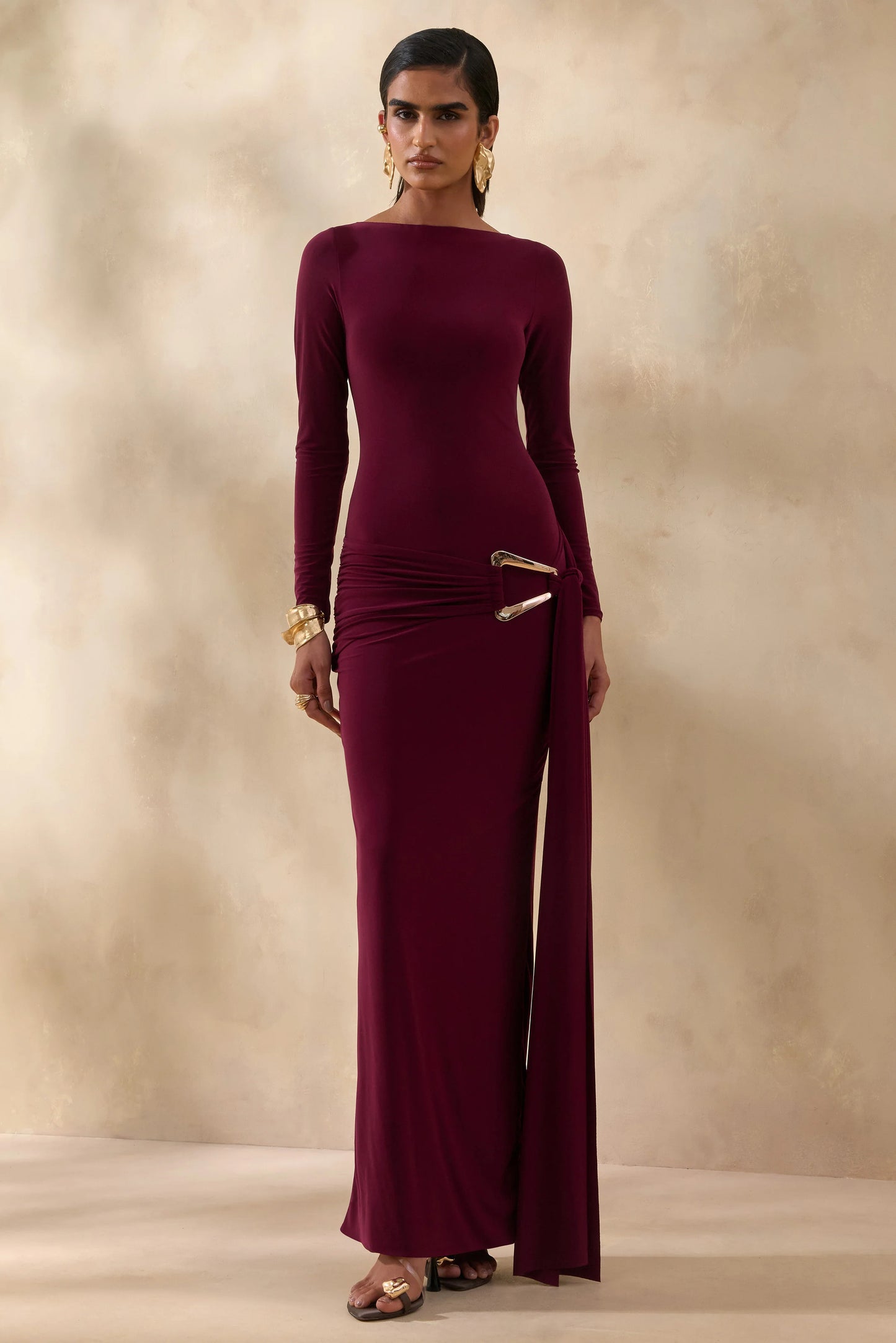 Astrielle Burgundy Wide-Neck With Gold-Detail And Sash