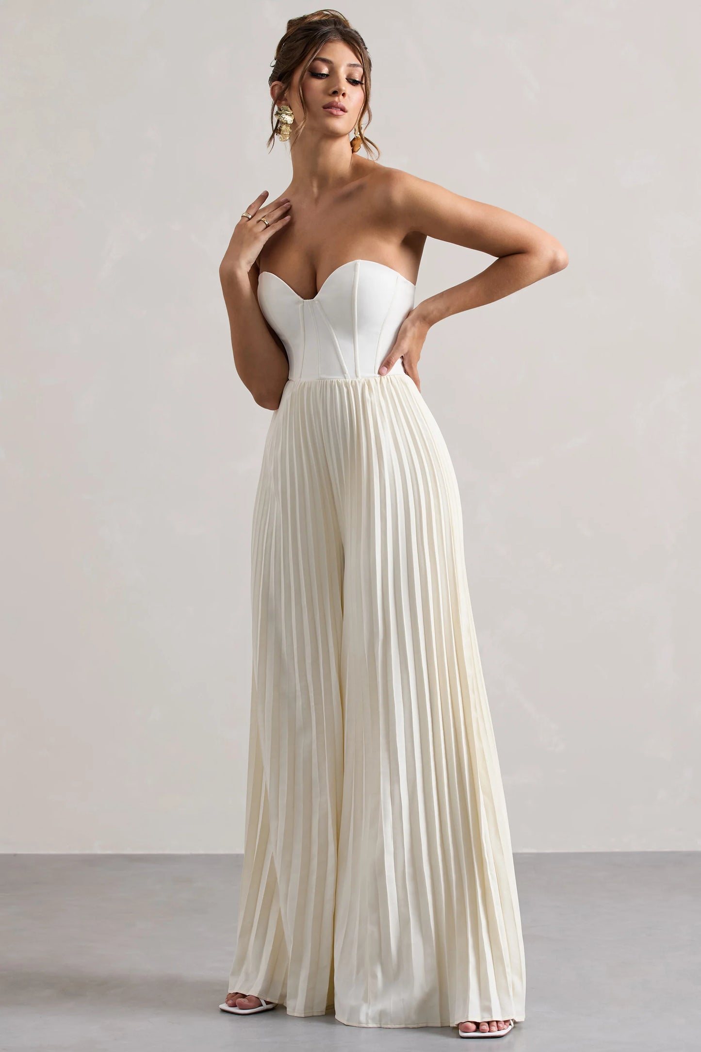 Lorelai Cream Corset Plisse Wide-Leg Jumpsuit