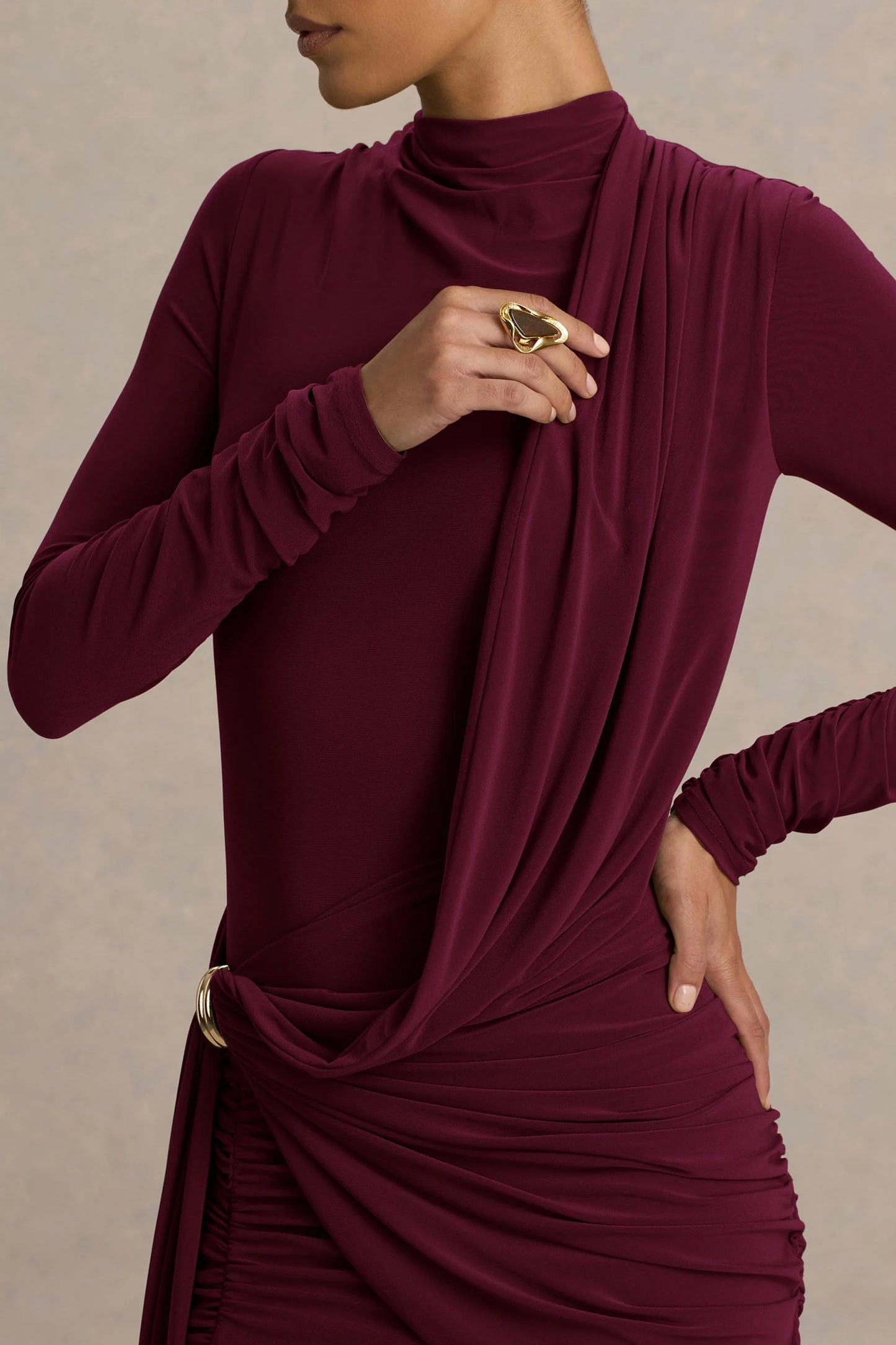 Melissa Burgundy Long-Sleeve Wrap Maxi Dress With Draped Detailing