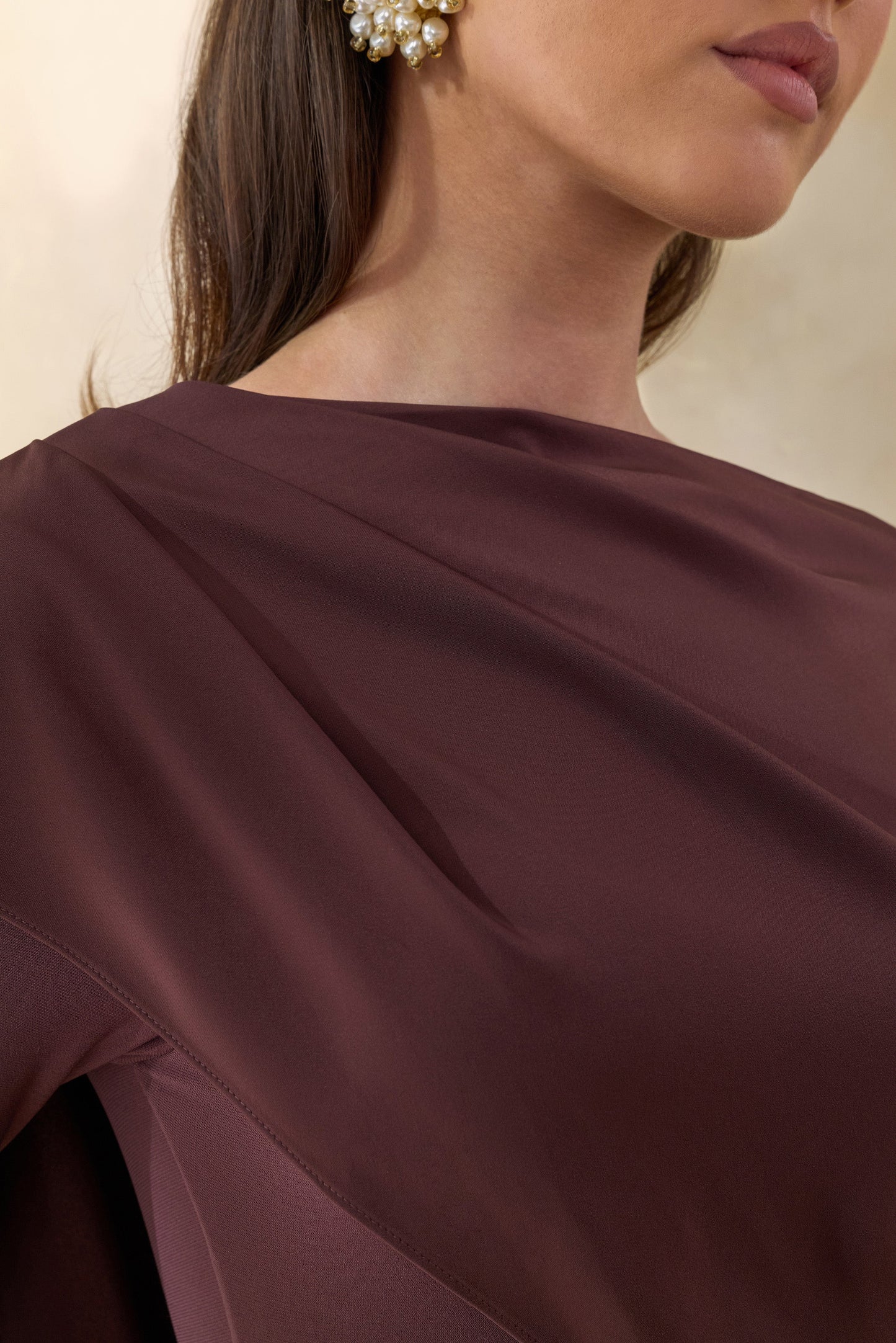 Salenne Brown Wide-Neck Maxi Dress With Satin Asymmetric-Cape