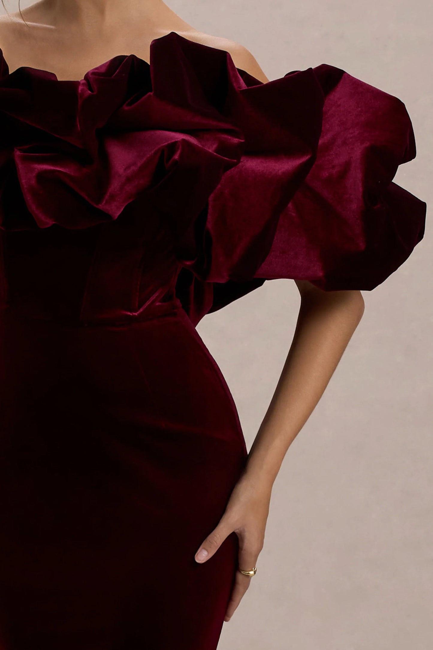 Cecily Port Velvet Bardot Maxi Dress With Velvet Ruffle Trim