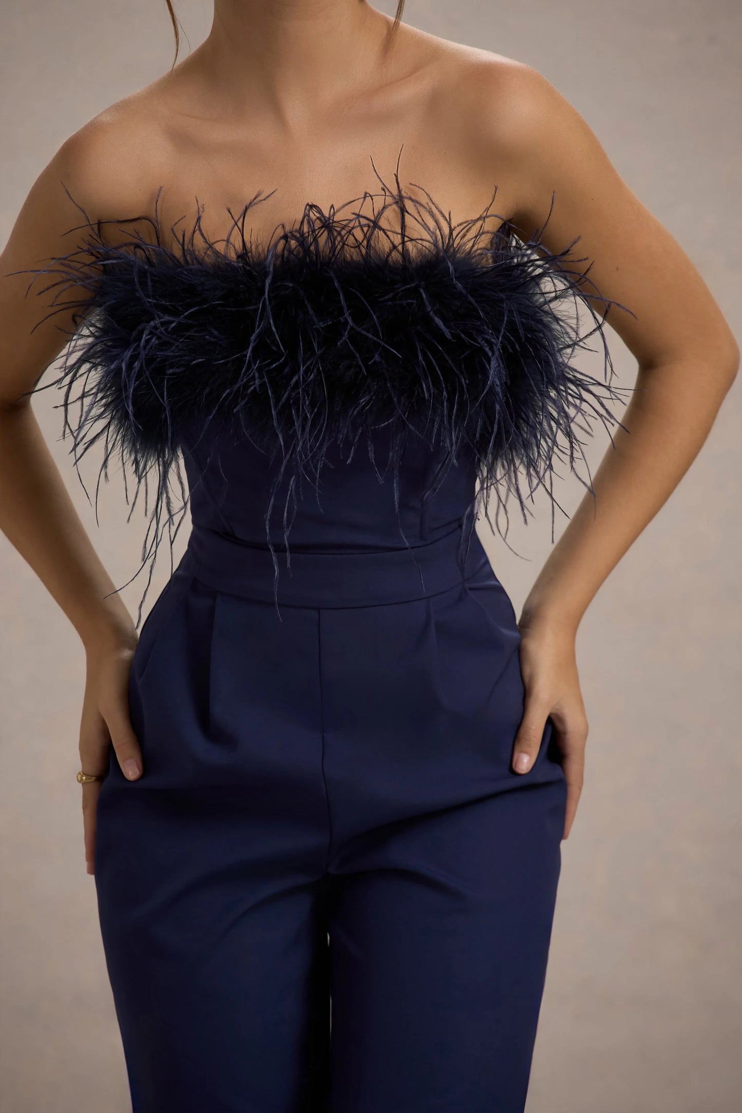 First Class Navy Bandeau Feather Wide Leg Jumpsuit