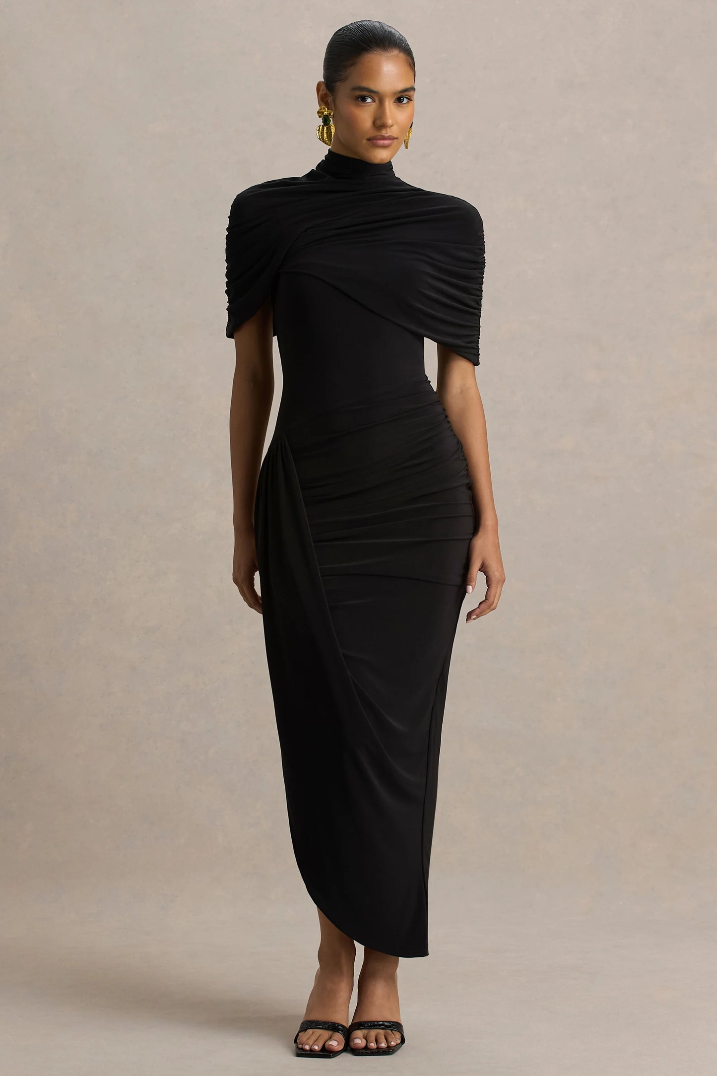 Enchant Black Asymmetric Twisted Cape Midi Dress