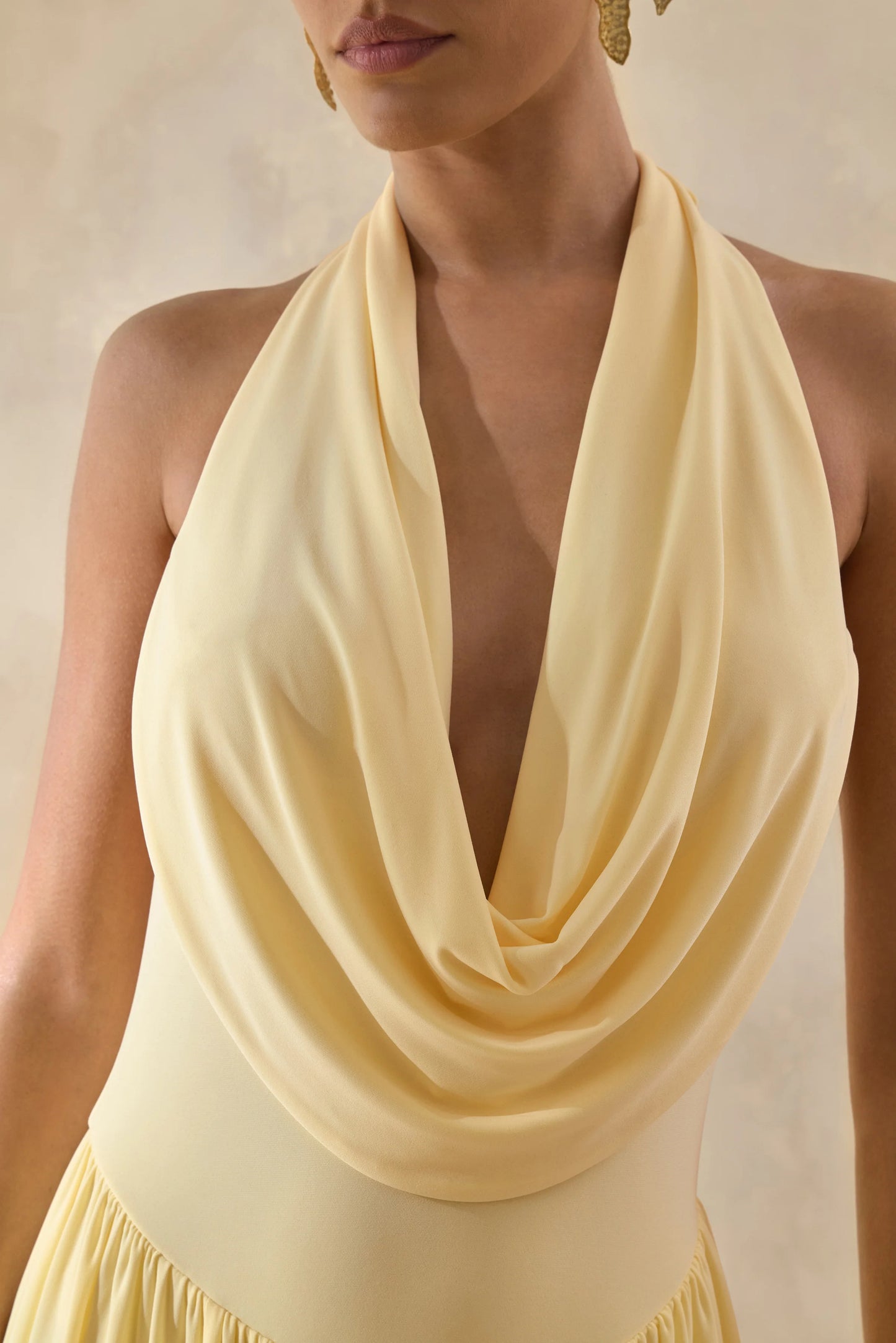 Veyra Lemon Plunge Cowl-Neck Midi Dress