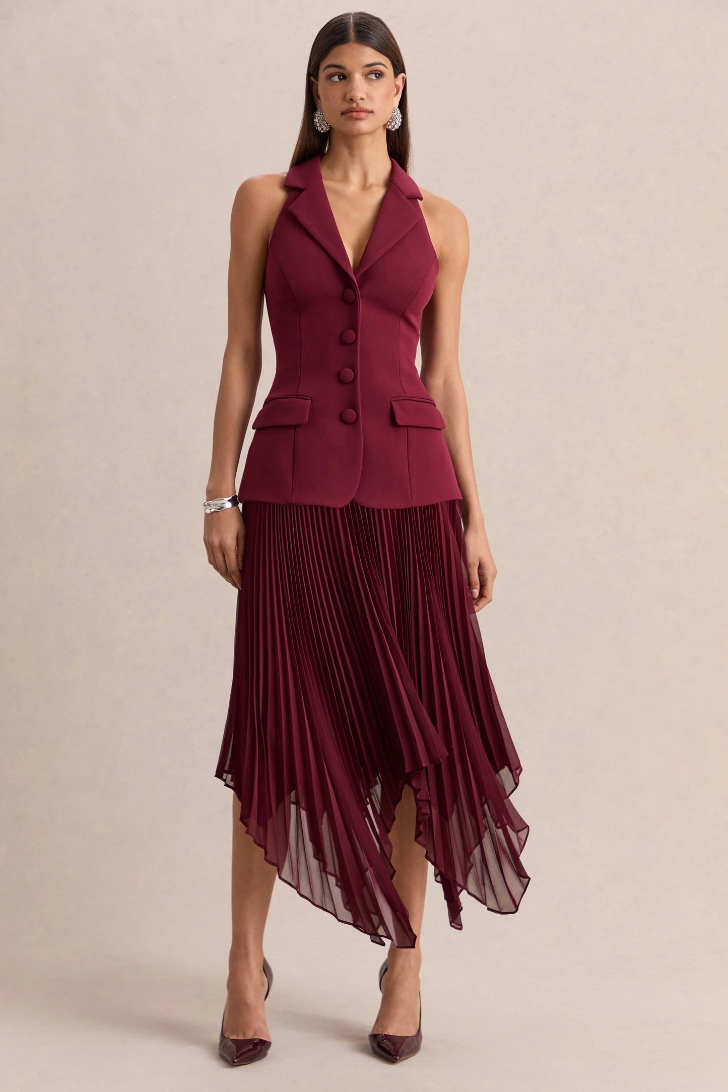 Marvelle Burgundy Plunge-Neck Maxi Dress With Hanky Hem
