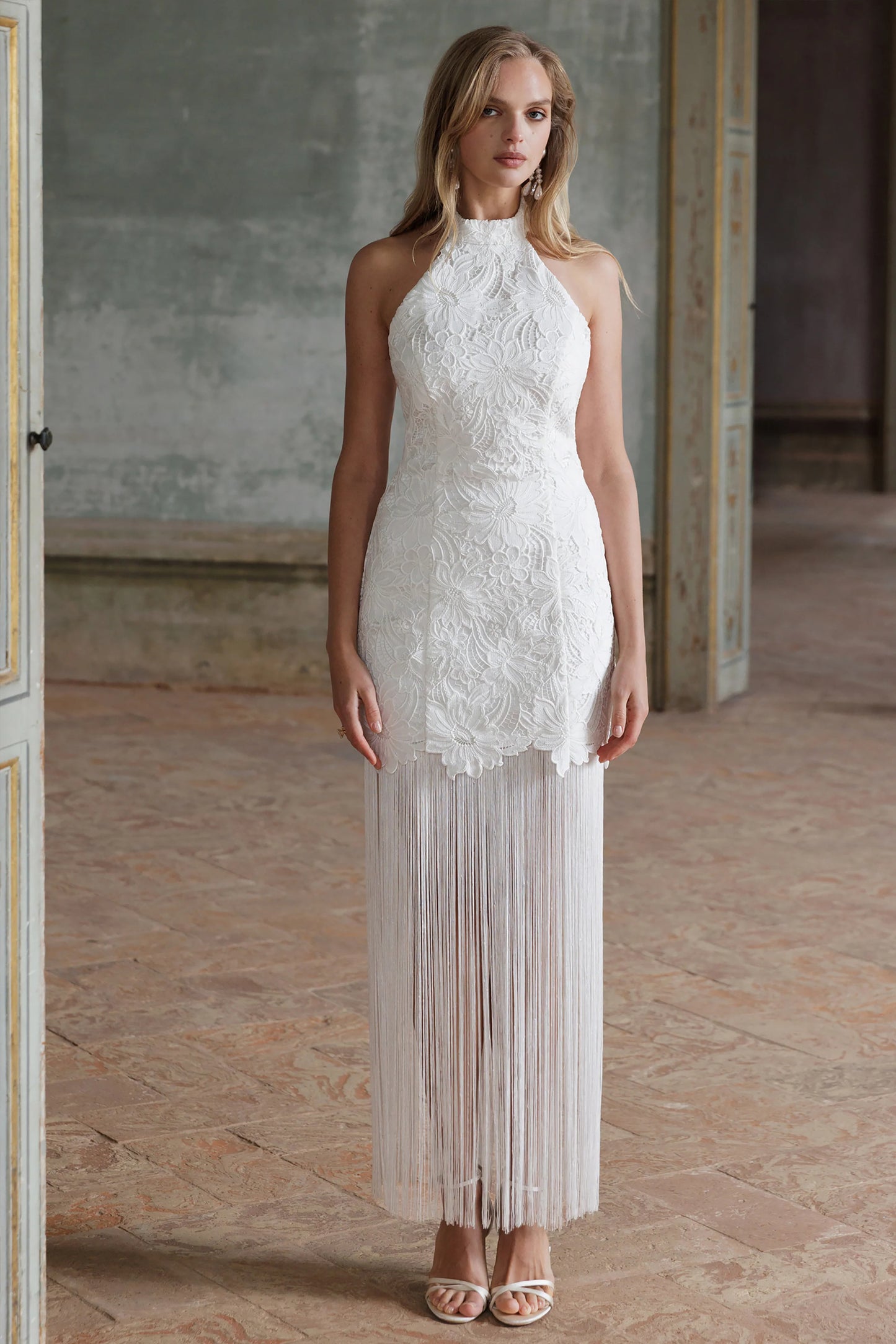 Skylar White Lace Halter-Neck Maxi Dress With Open-Back And Bow Detail
