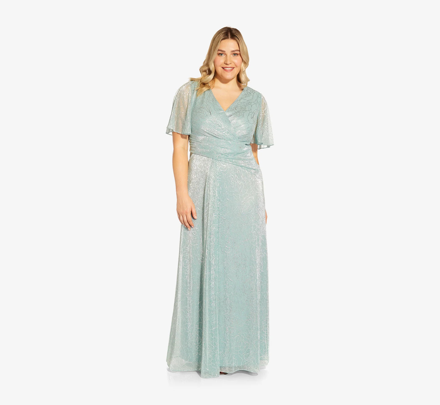 Plus Size Metallic Mesh Draped Gown In Sea Glass